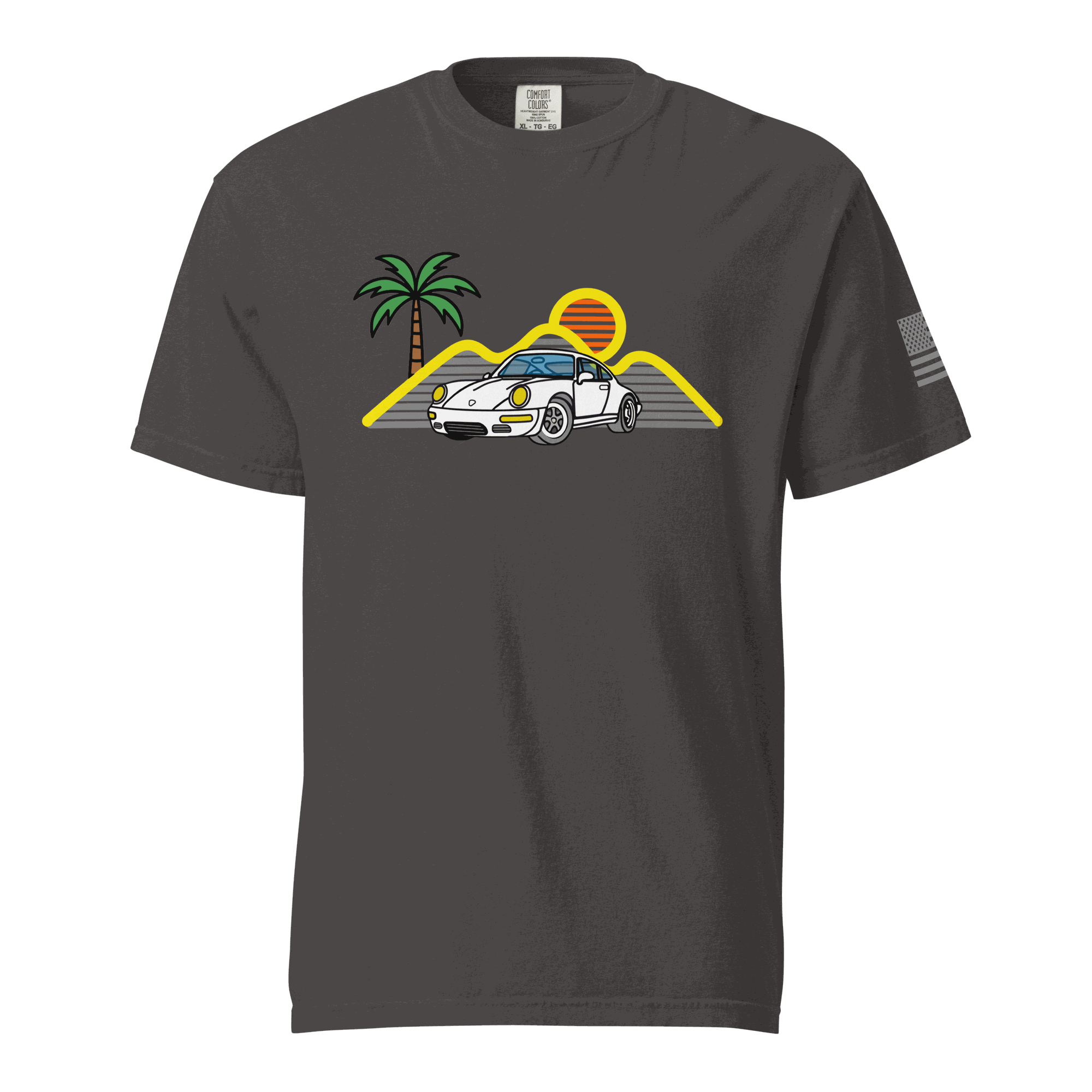 Retro sport car silhouette with sunset palm design on Sport Car T-Shirt