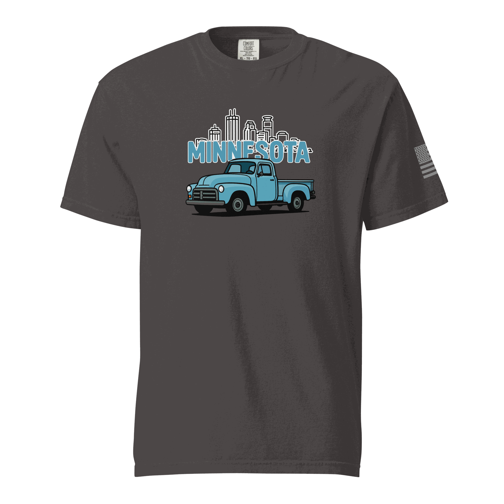 Dark gray Minnesota classic truck t-shirt with vintage blue truck and city skyline design