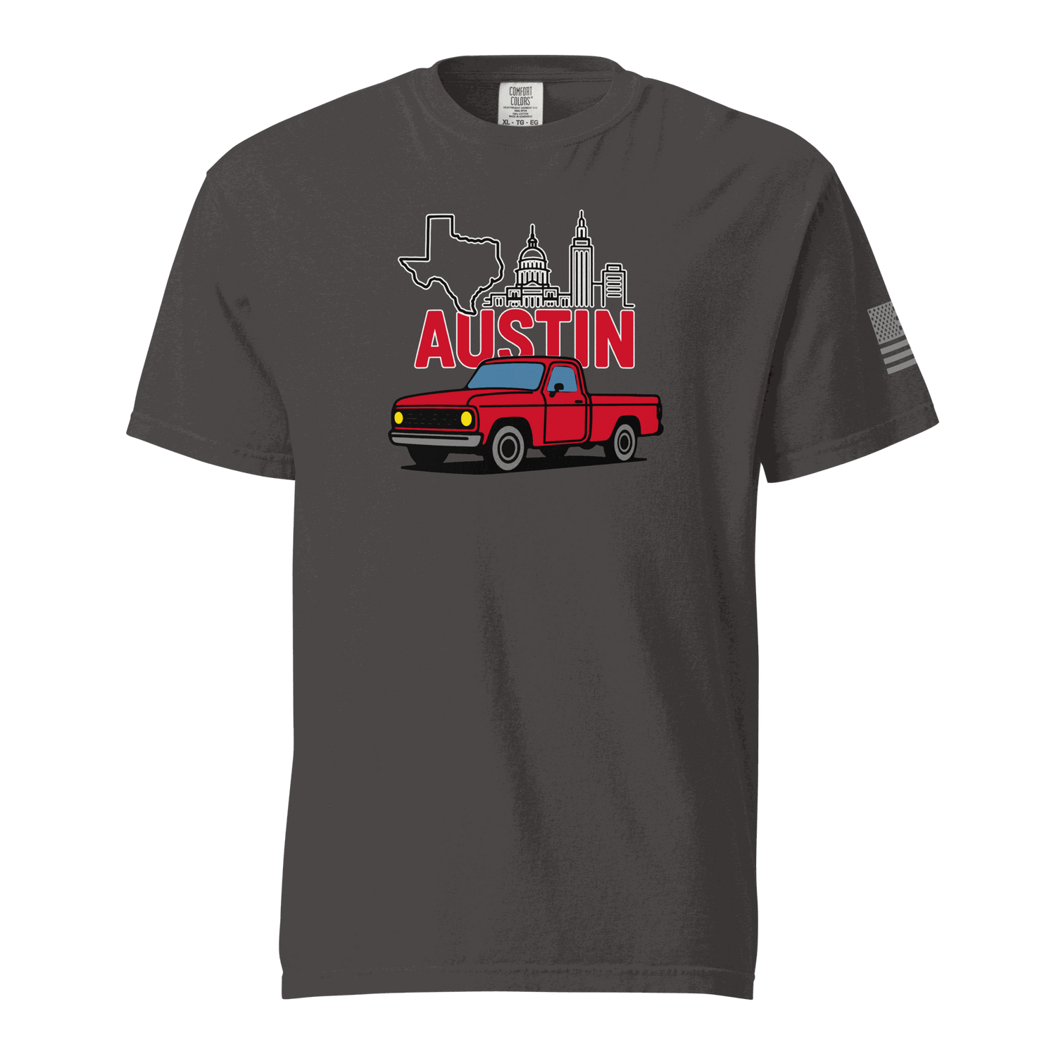 Austin Texas t shirt with retro red truck and Austin skyline graphic on charcoal cotton tee