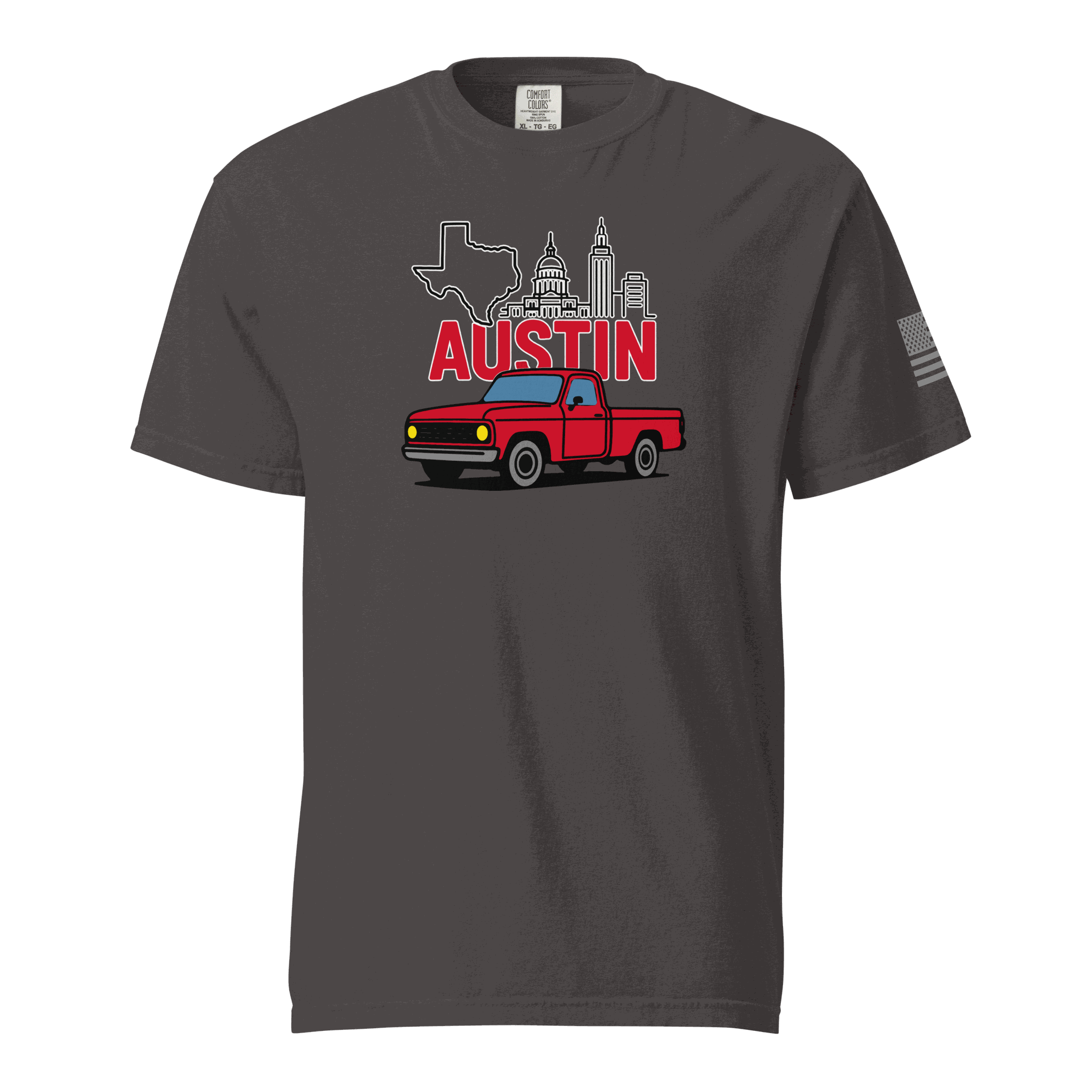 Keep Austin Weird T-Shirt featuring Austin skyline and vintage truck design on a gray shirt.