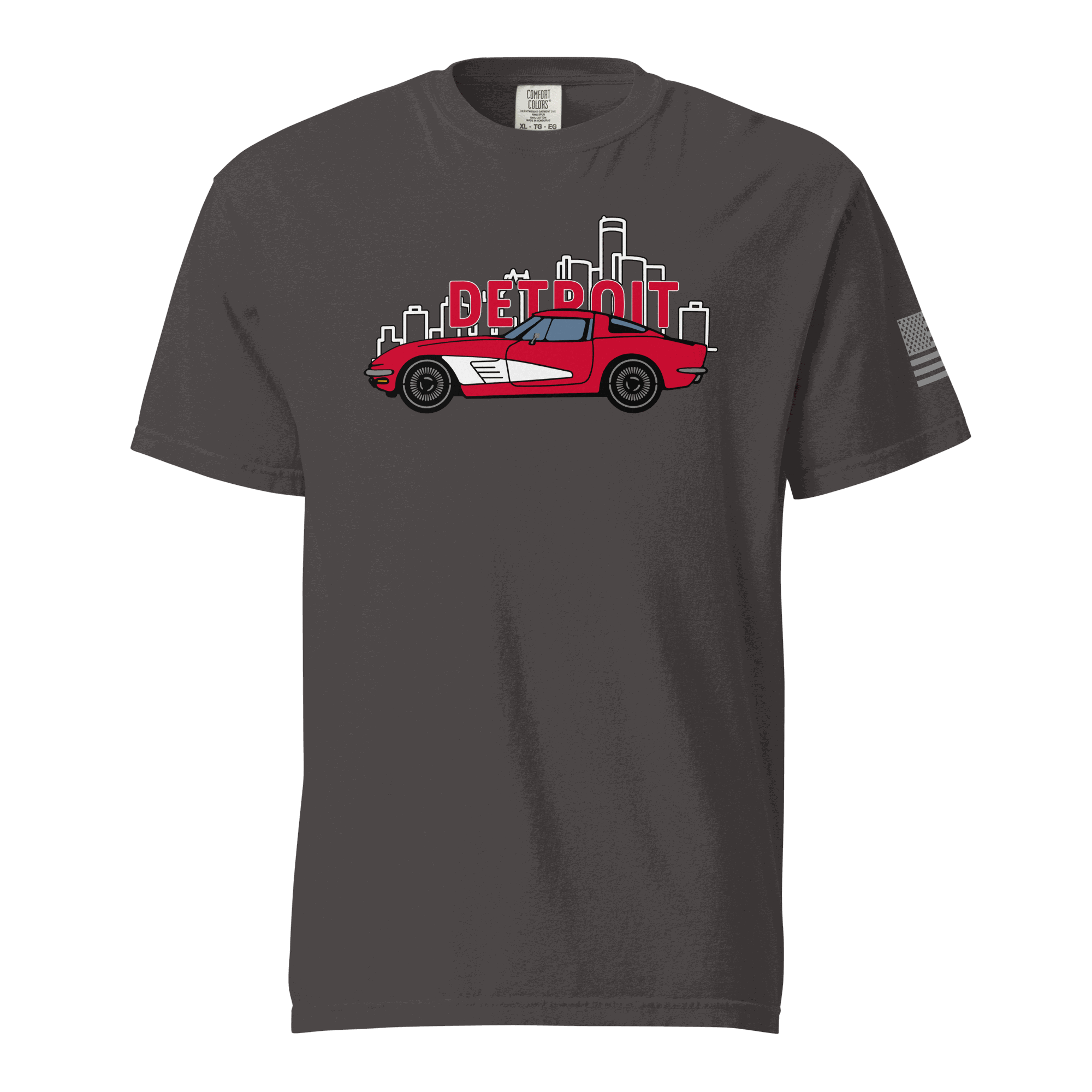 Detroit Corvette T-shirt with red classic sports car graphic and Detroit skyline on charcoal fabric