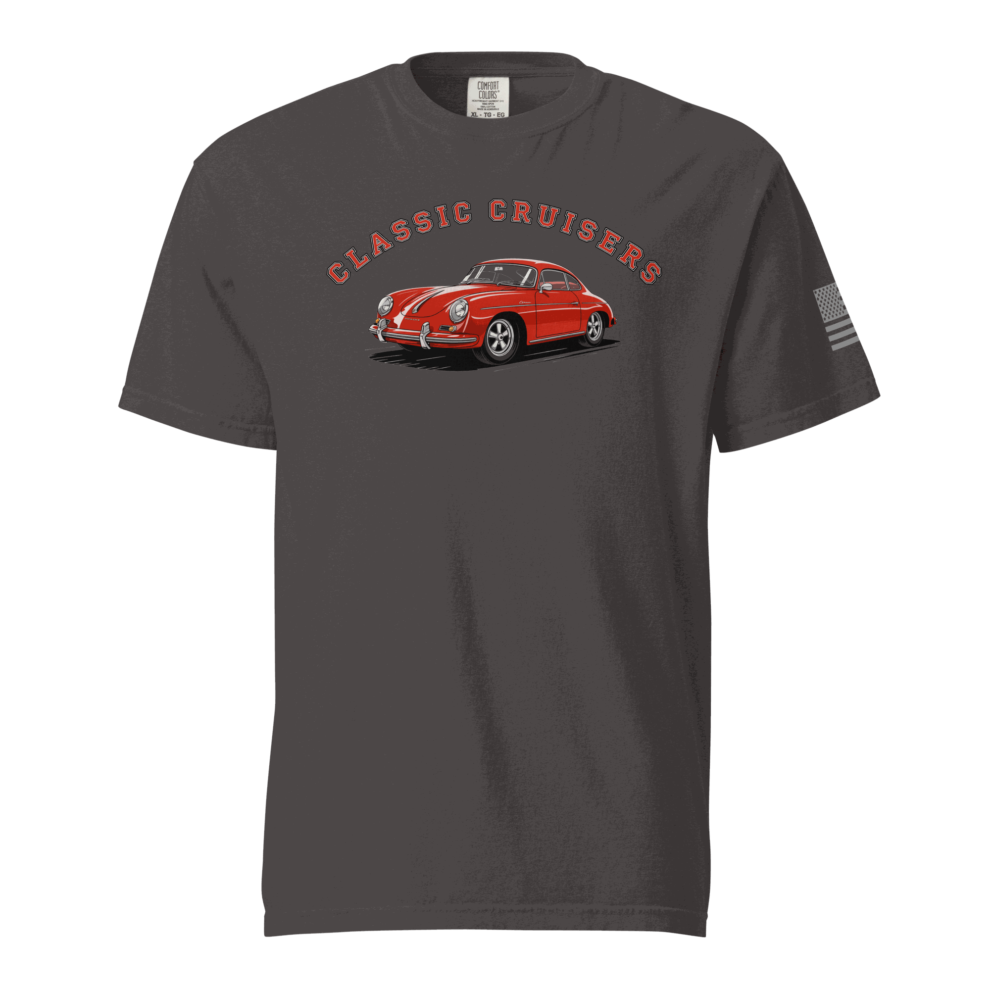 Varsity Sports Car charcoal cotton t-shirt with red classic car graphic and "Classic Cruisers" text