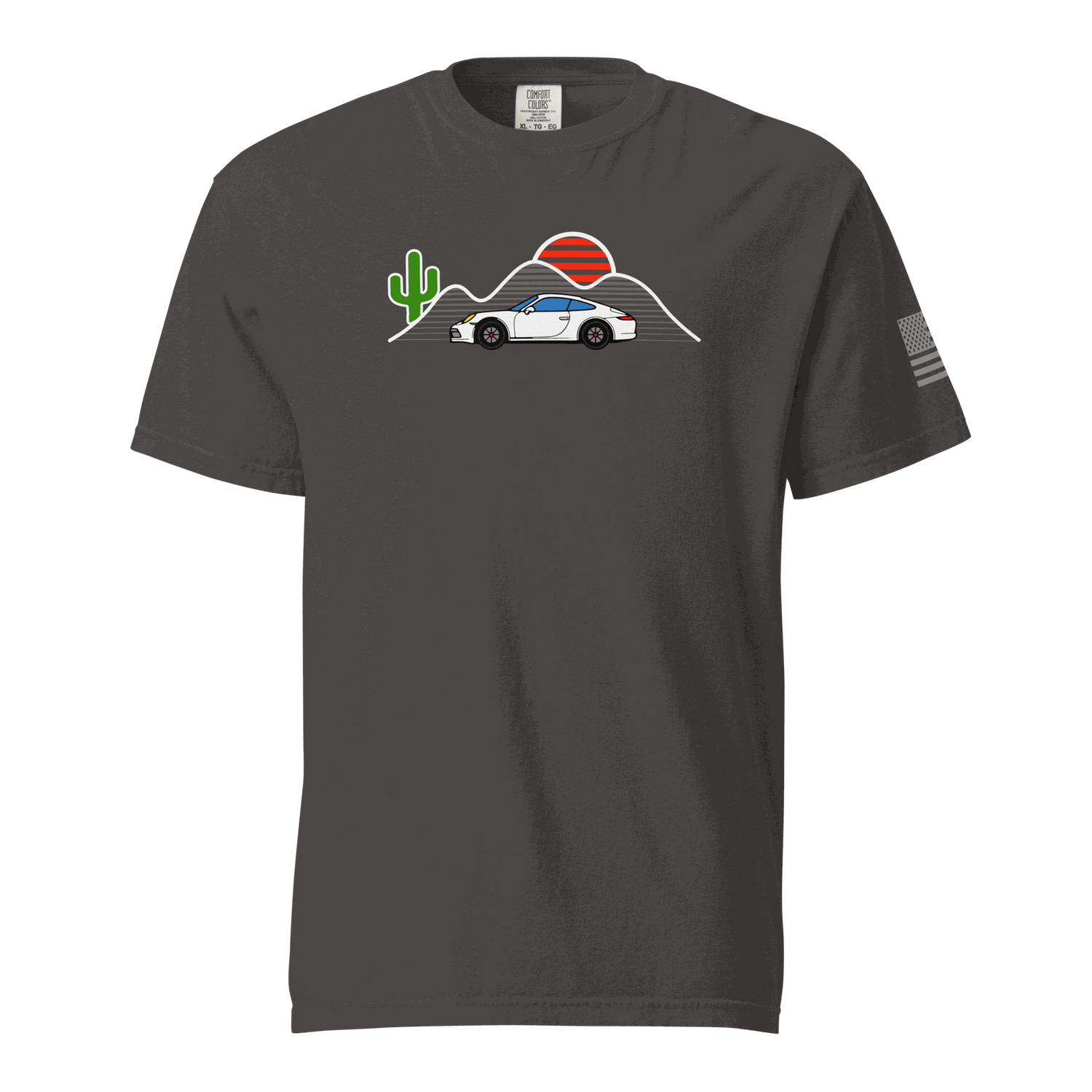 Black Sunset Sports Car T-Shirt with retro sunset, mountain, cactus, and sports car graphic