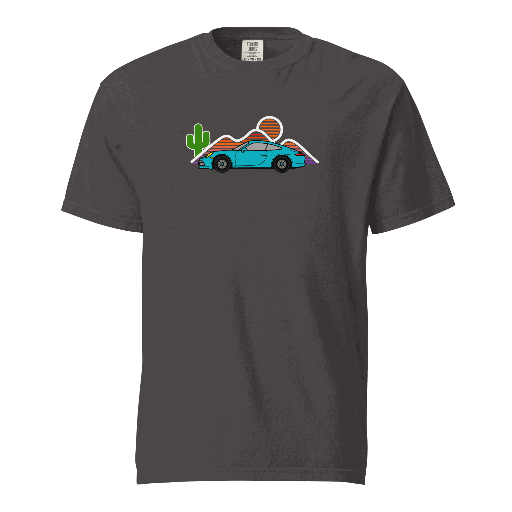 Black t-shirt with colorful sports car sunset graphic design and cactus illustration