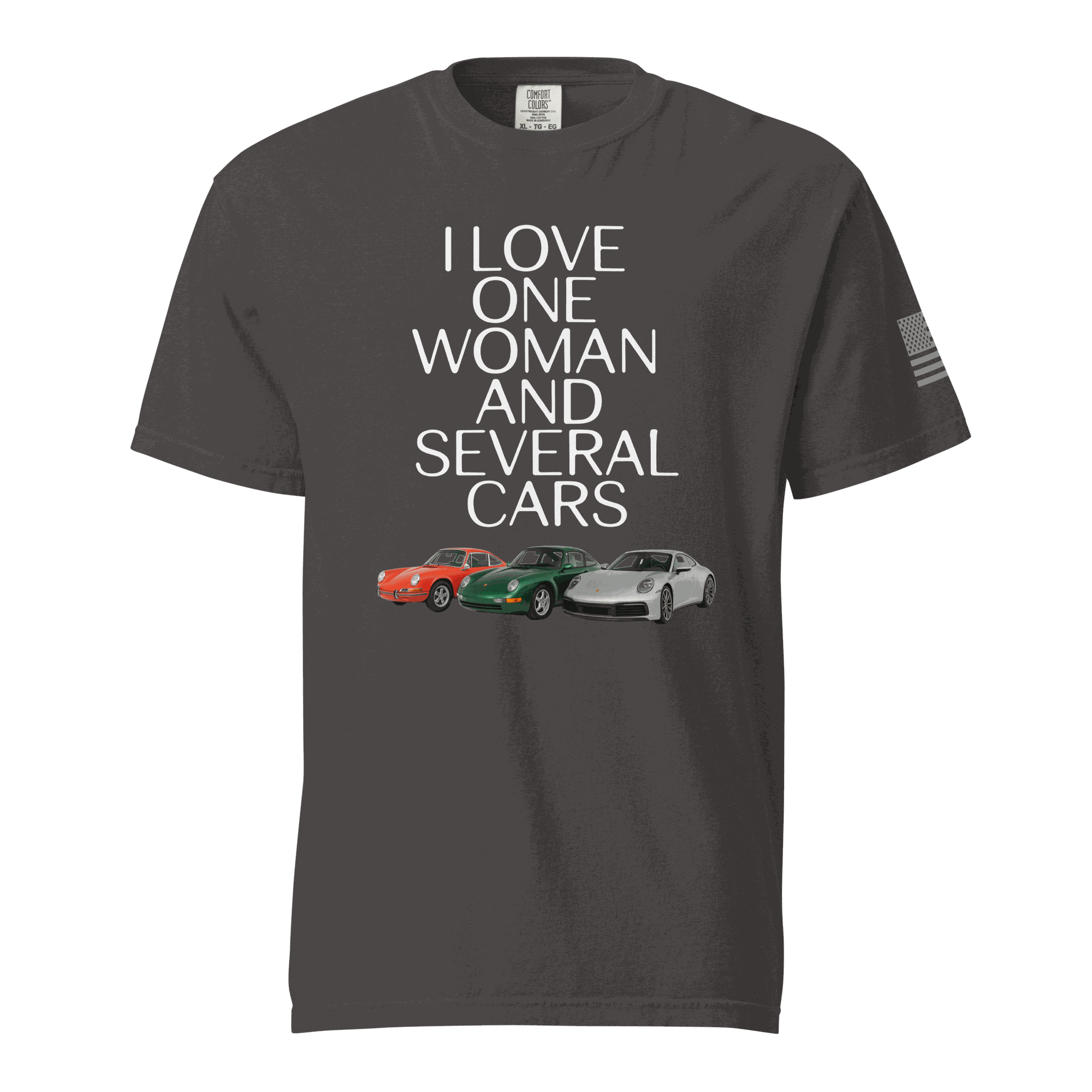 Black heavyweight cotton t-shirt with "I Love One Woman and Several Cars" text and three sports car images.