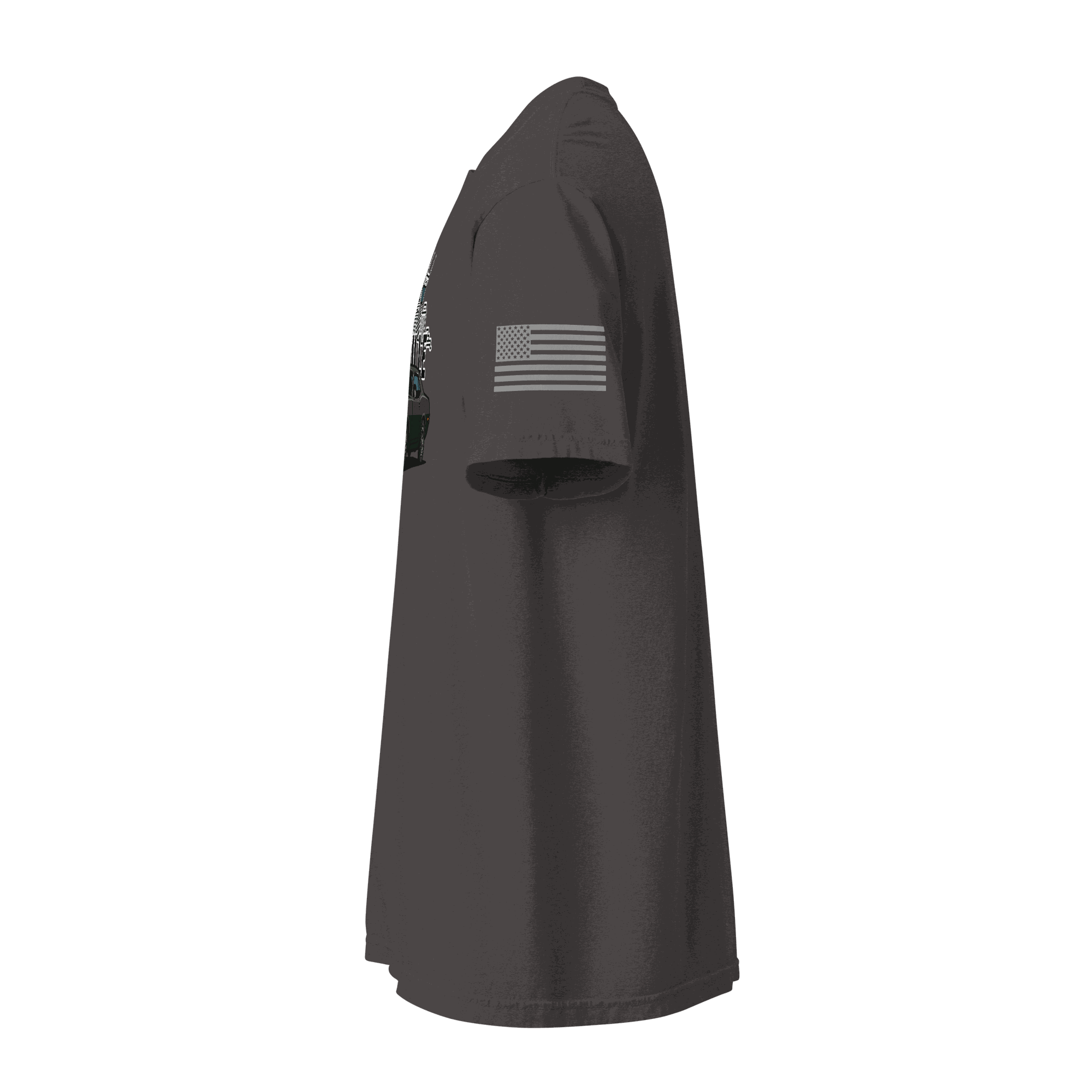 Nashville classic car t-shirt shown from the side with American flag detail on the sleeve, made of 100% ring-spun cotton.