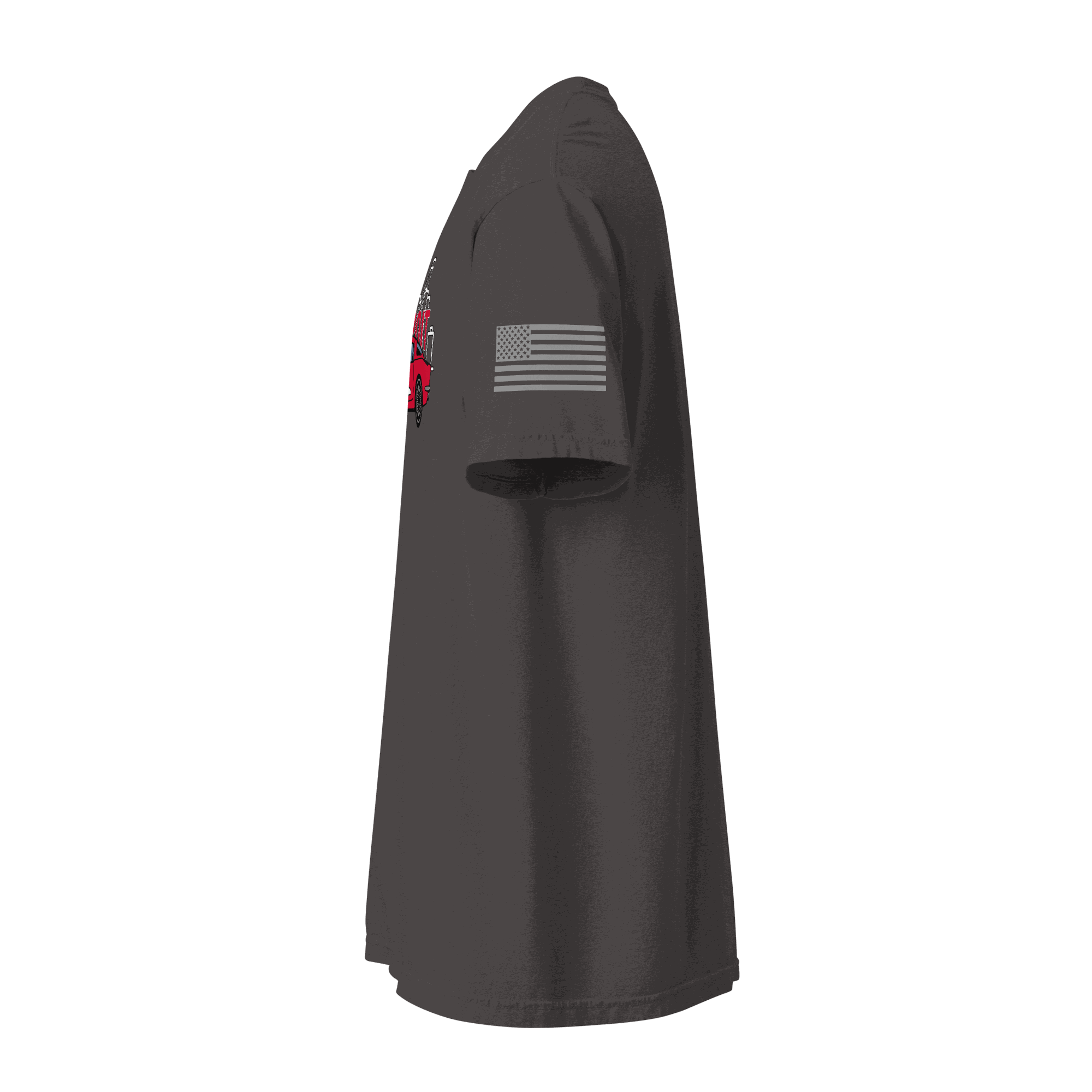 Side view of Detroit Corvette T-Shirt in dark fabric with American flag print on sleeve and partial red Corvette graphic visible