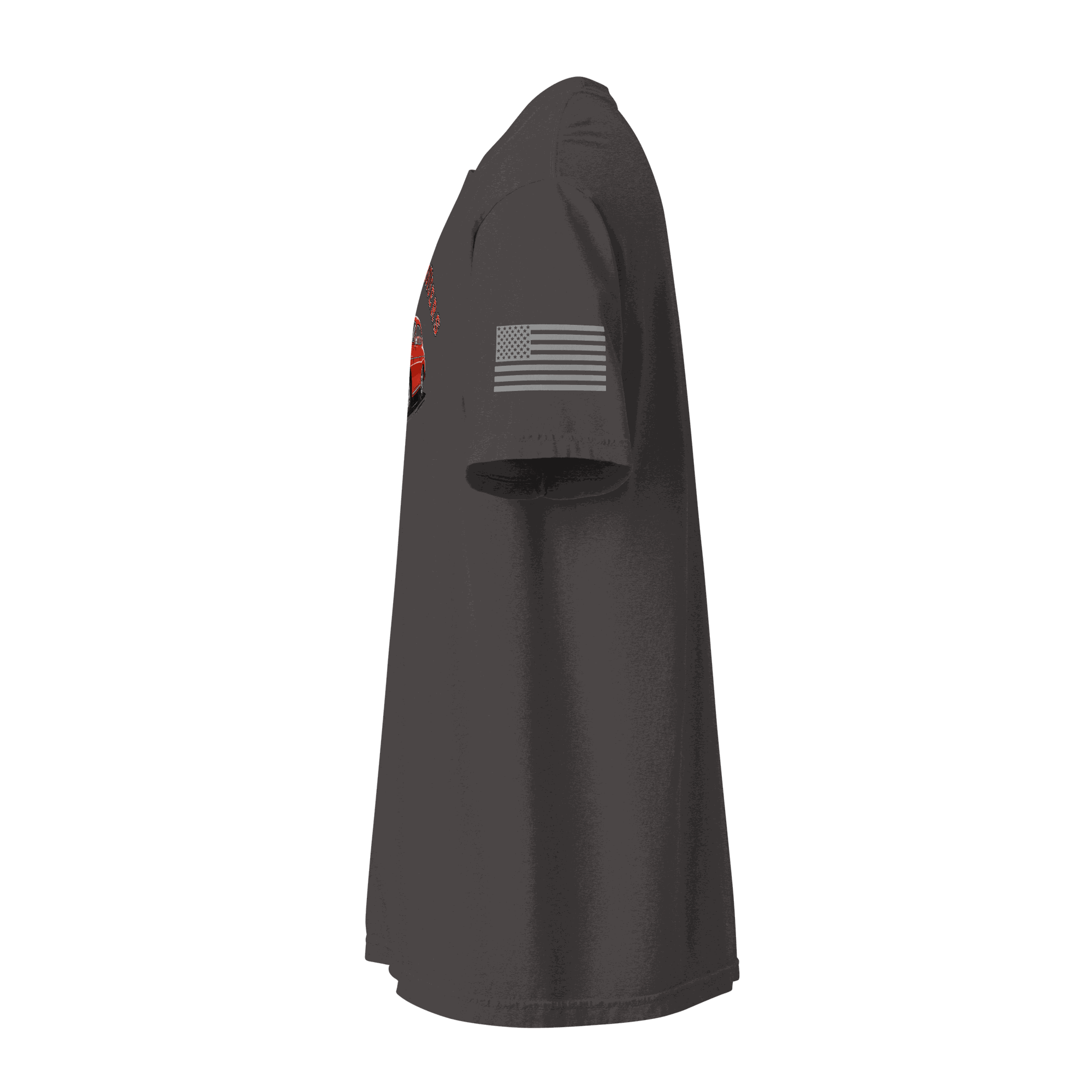 Side view of black Varsity Sports Car heavyweight cotton t-shirt with American flag on sleeve