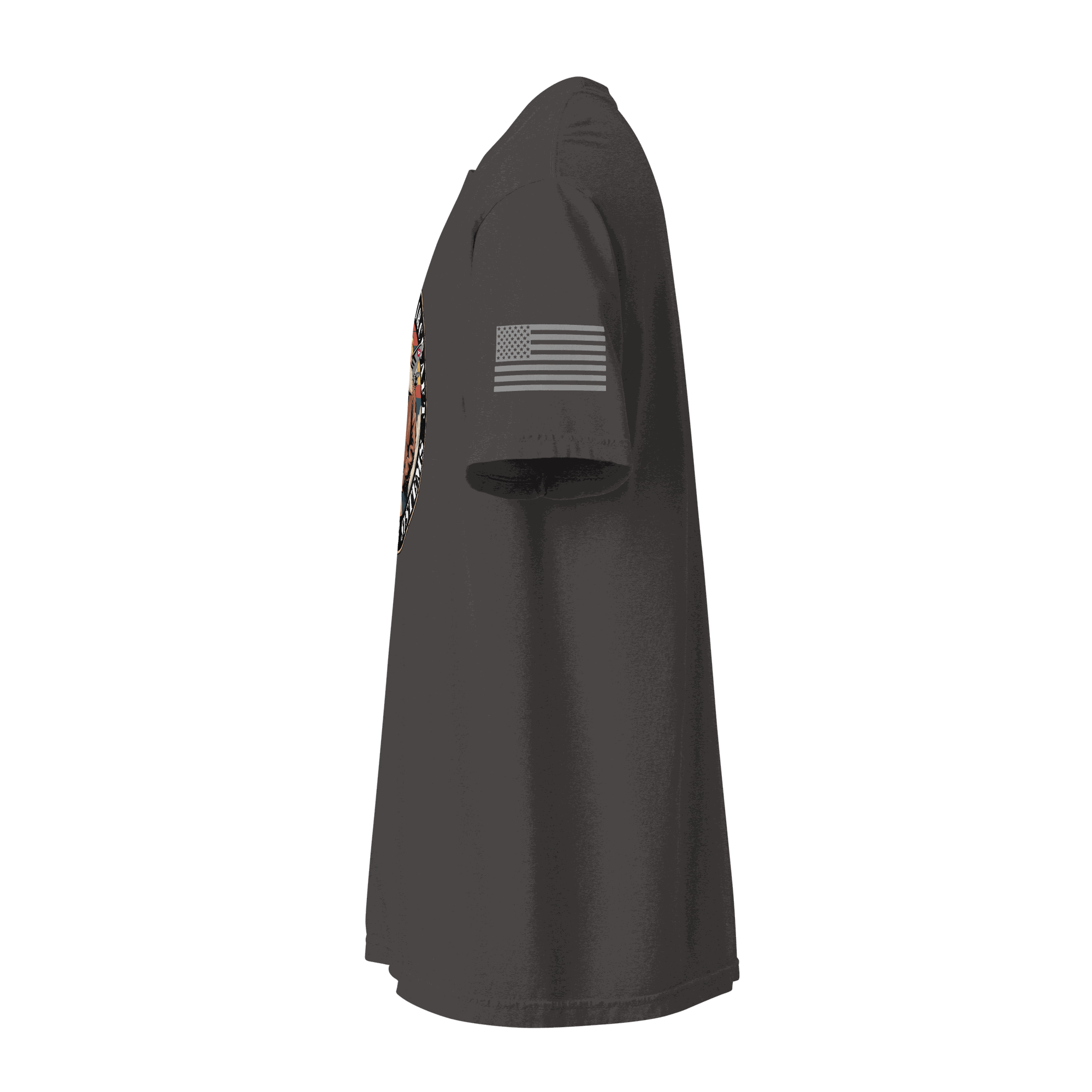 Side view of black Tactical Shooting T-Shirt with American flag on sleeve and bold target graphic on front