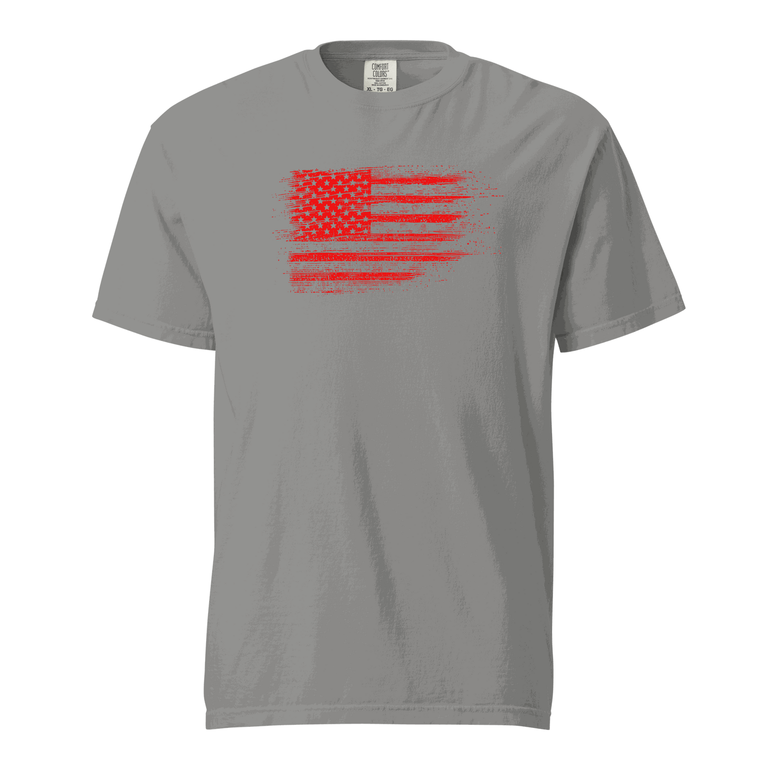Unisex gray heavyweight t-shirt with distressed red USA flag graphic, made of 100% ring-spun cotton