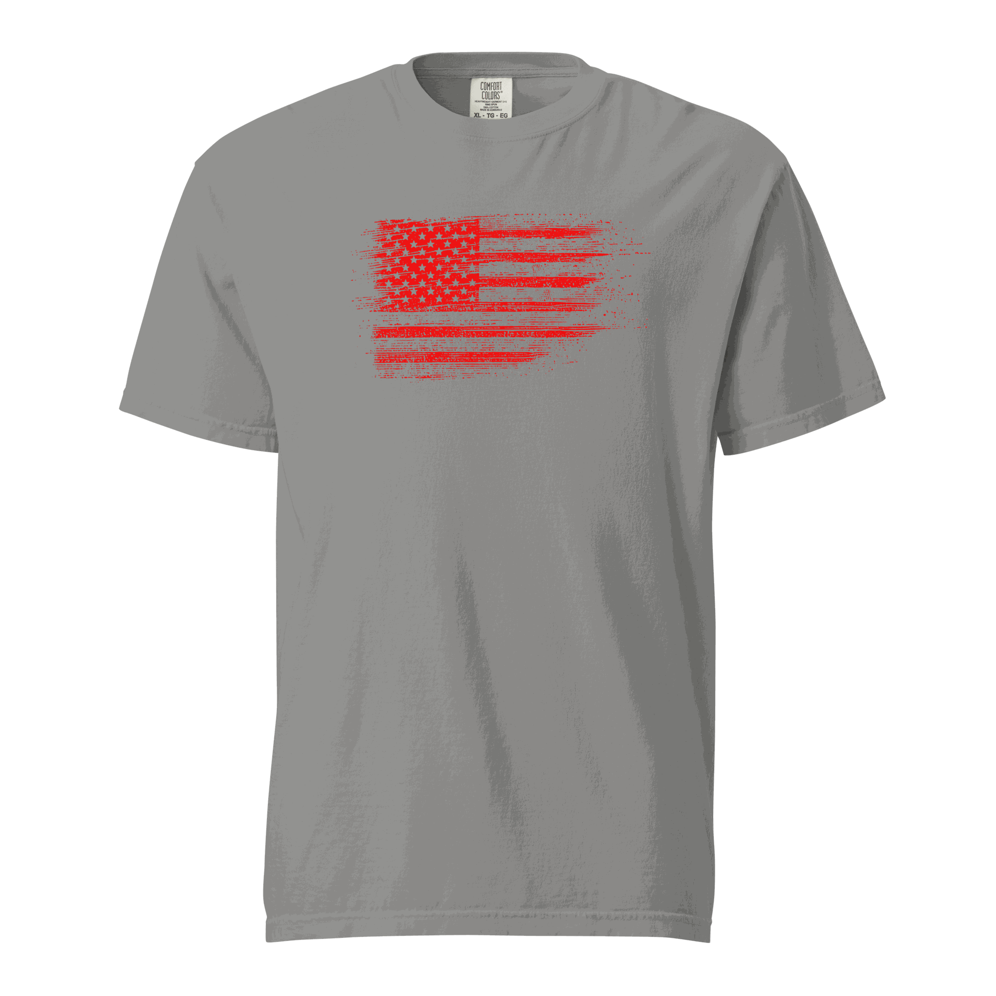 Unisex gray heavyweight t-shirt with distressed red USA flag graphic, made of 100% ring-spun cotton