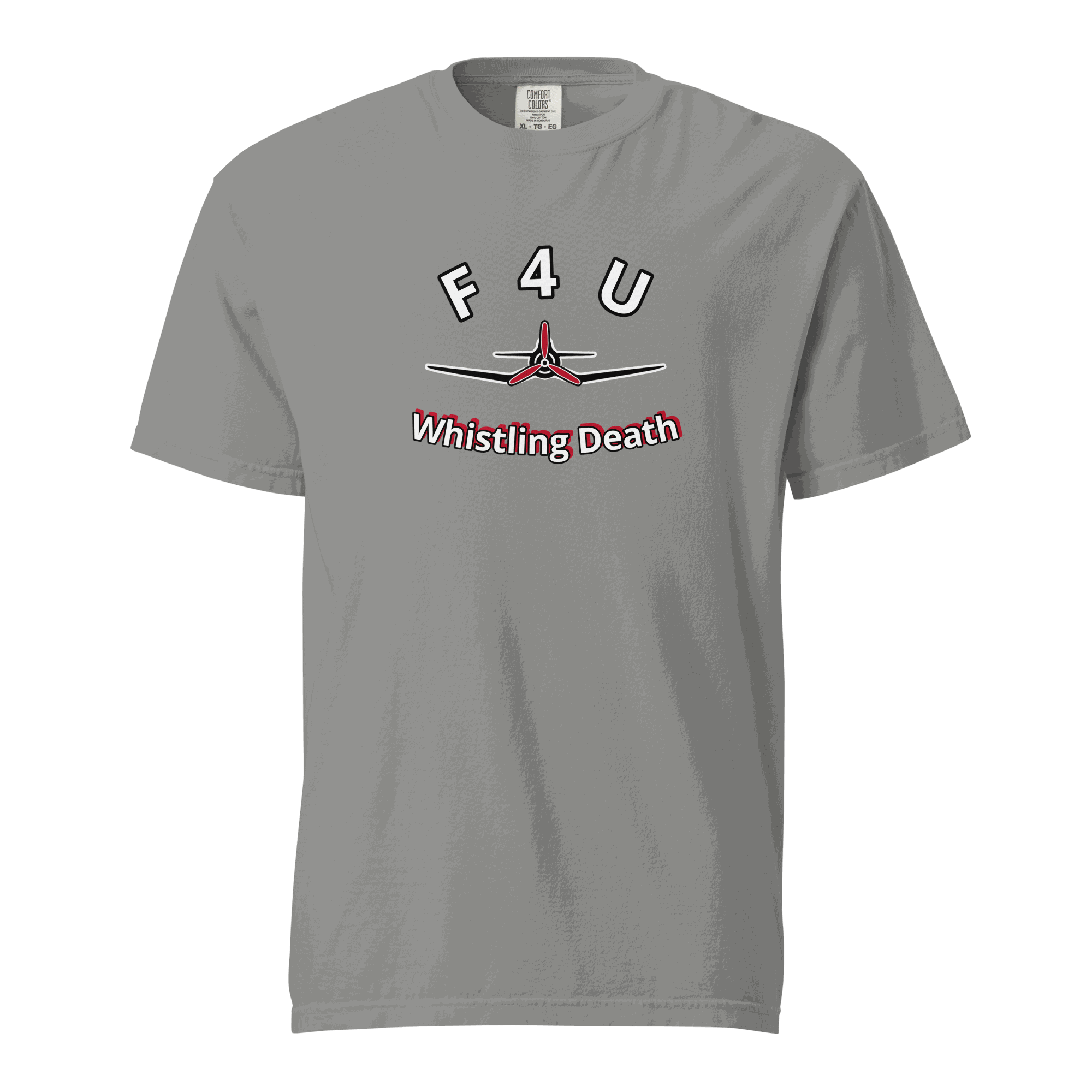 F4U Whistling Death Heavyweight Tee with iconic fighter plane design for aviation fans