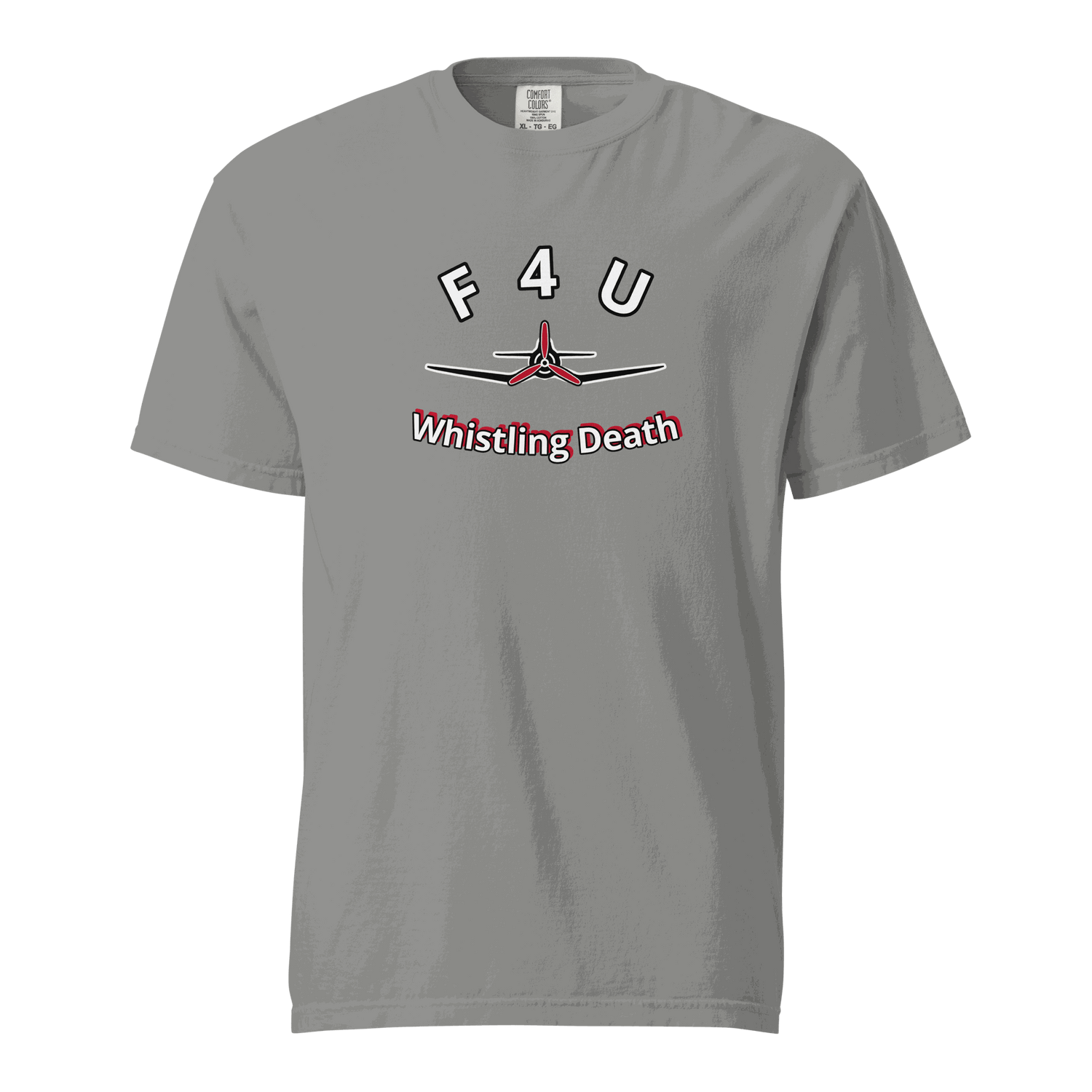 F4U Whistling Death heavyweight grey t-shirt with airplane graphic and text design
