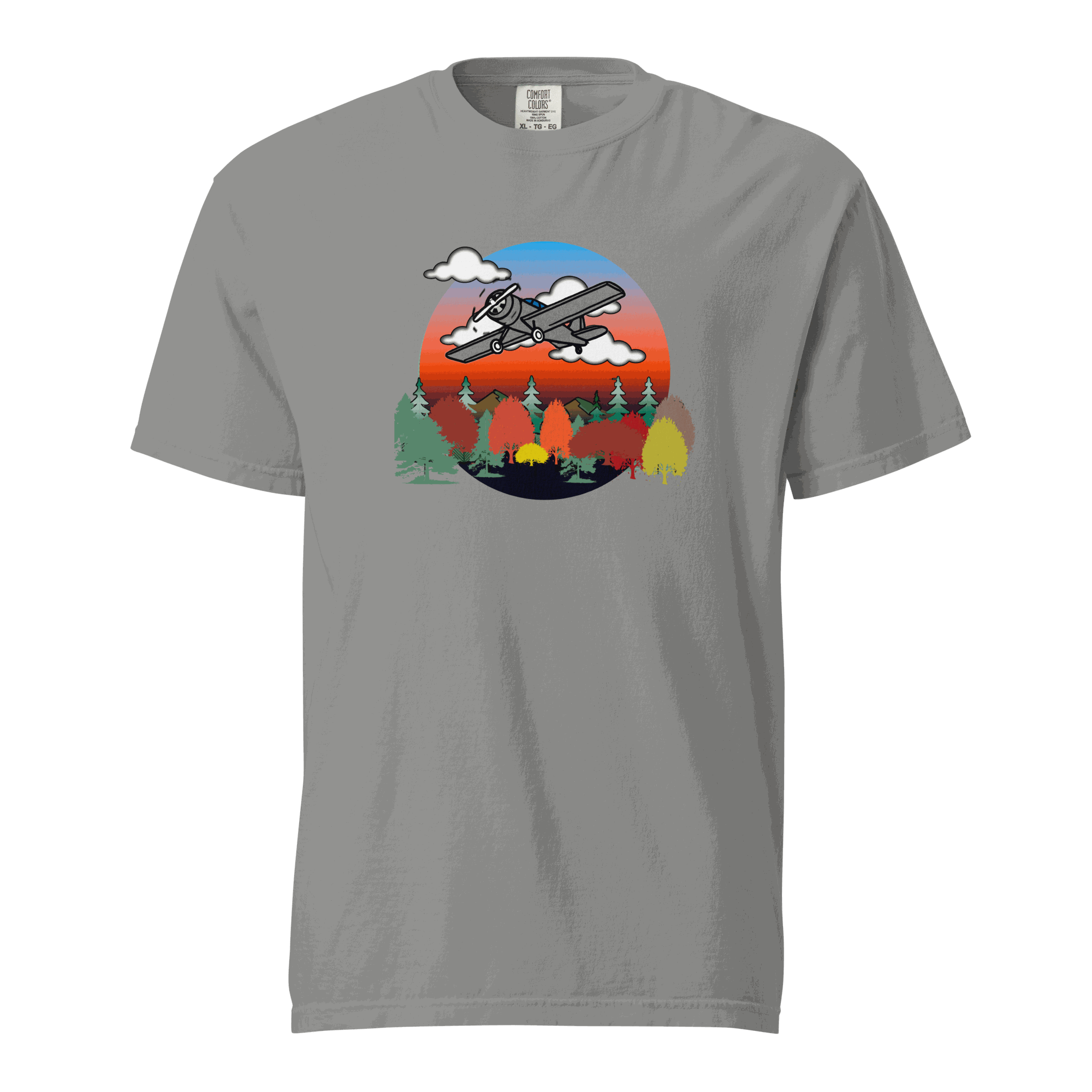 Unisex grey plane t-shirt with autumn forest and sunset graphic, 100% ring-spun cotton, heavyweight breathable fabric