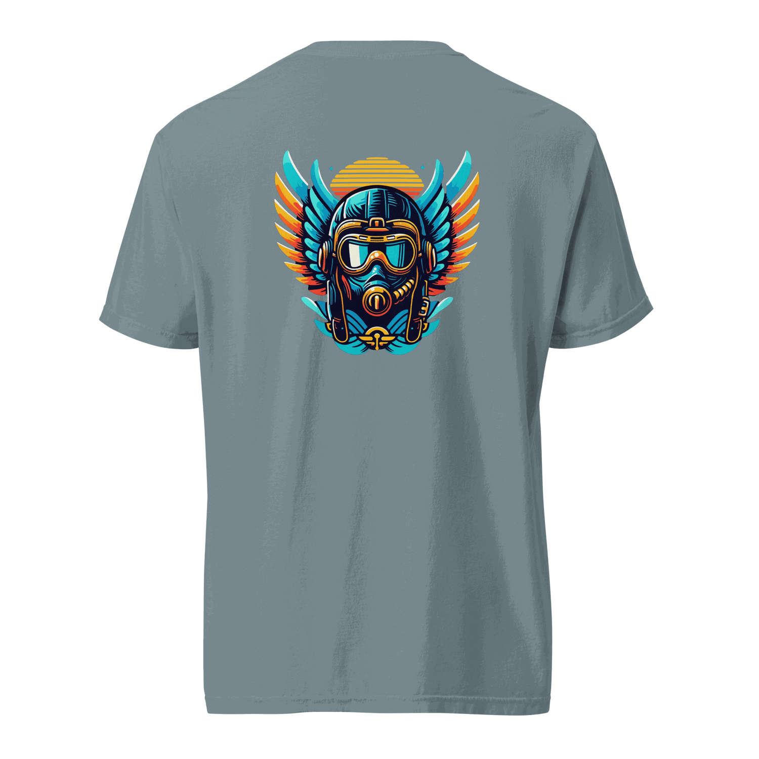 Blue and orange flight helmet graphic on grey unisex heavyweight cotton t-shirt