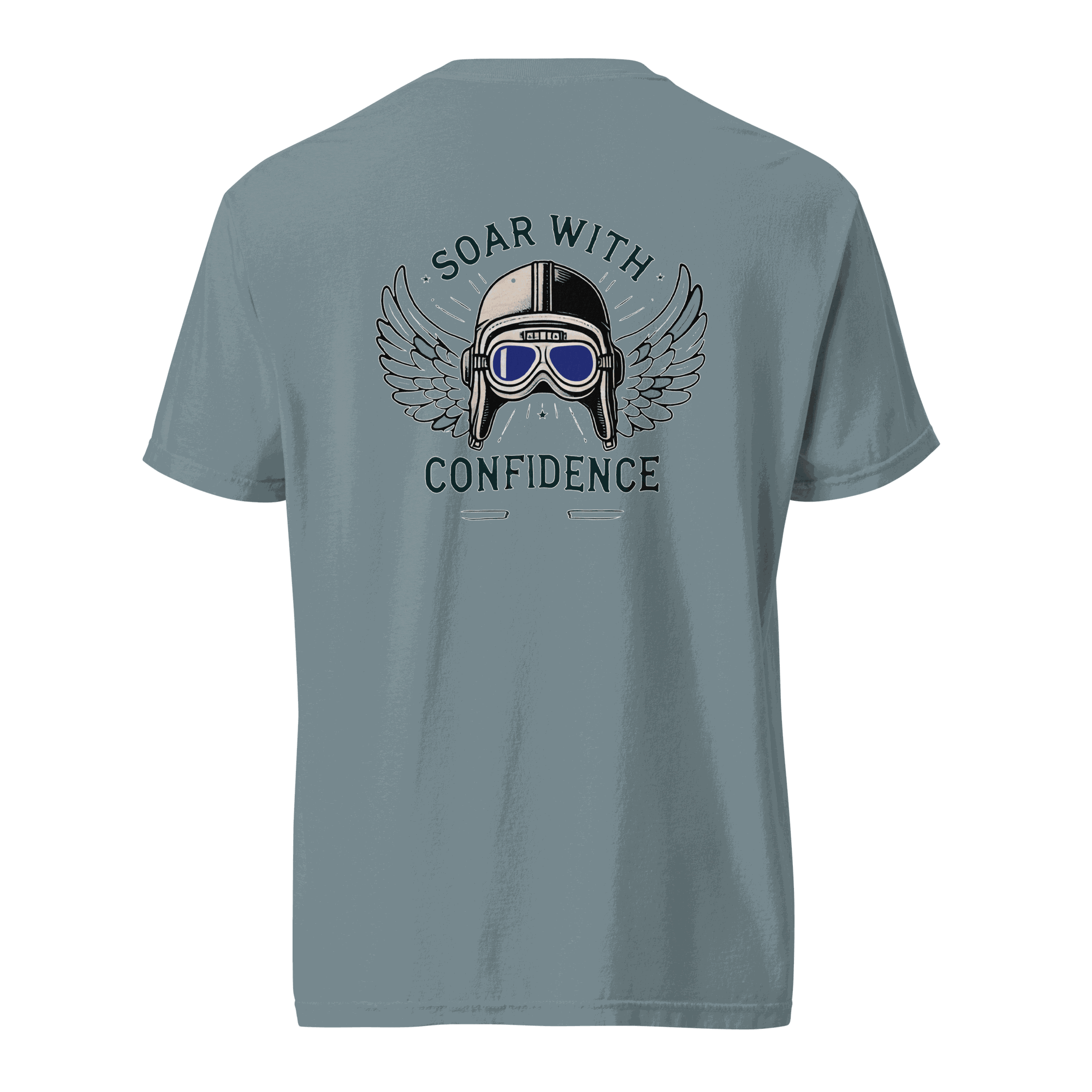 Blue Flying Machine t-shirt with goggles and wings graphic and "Soar with Confidence" text on back