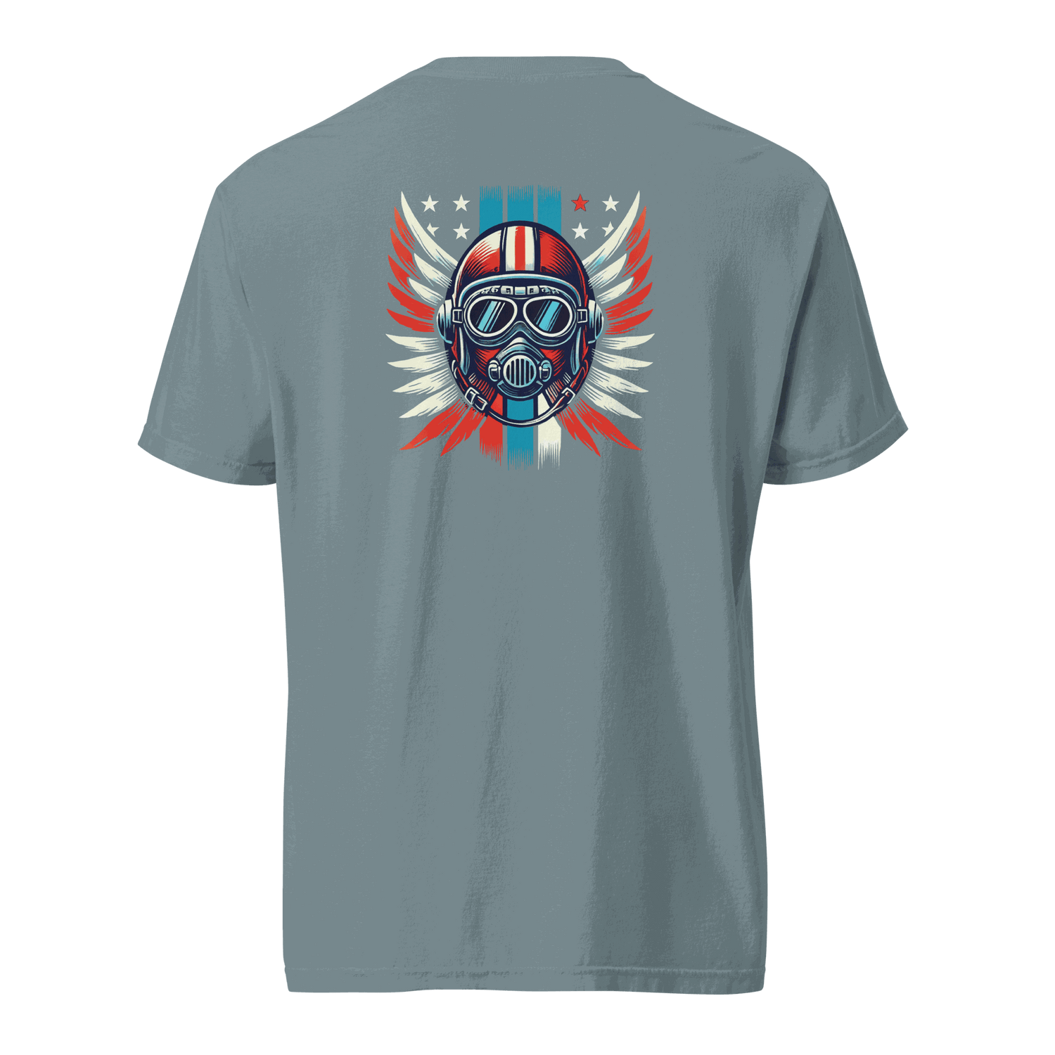 Gray t-shirt featuring a red, white, and blue helmet graphic with wings on the back, made of 100% ring-spun cotton, breathable and heavyweight fabric.