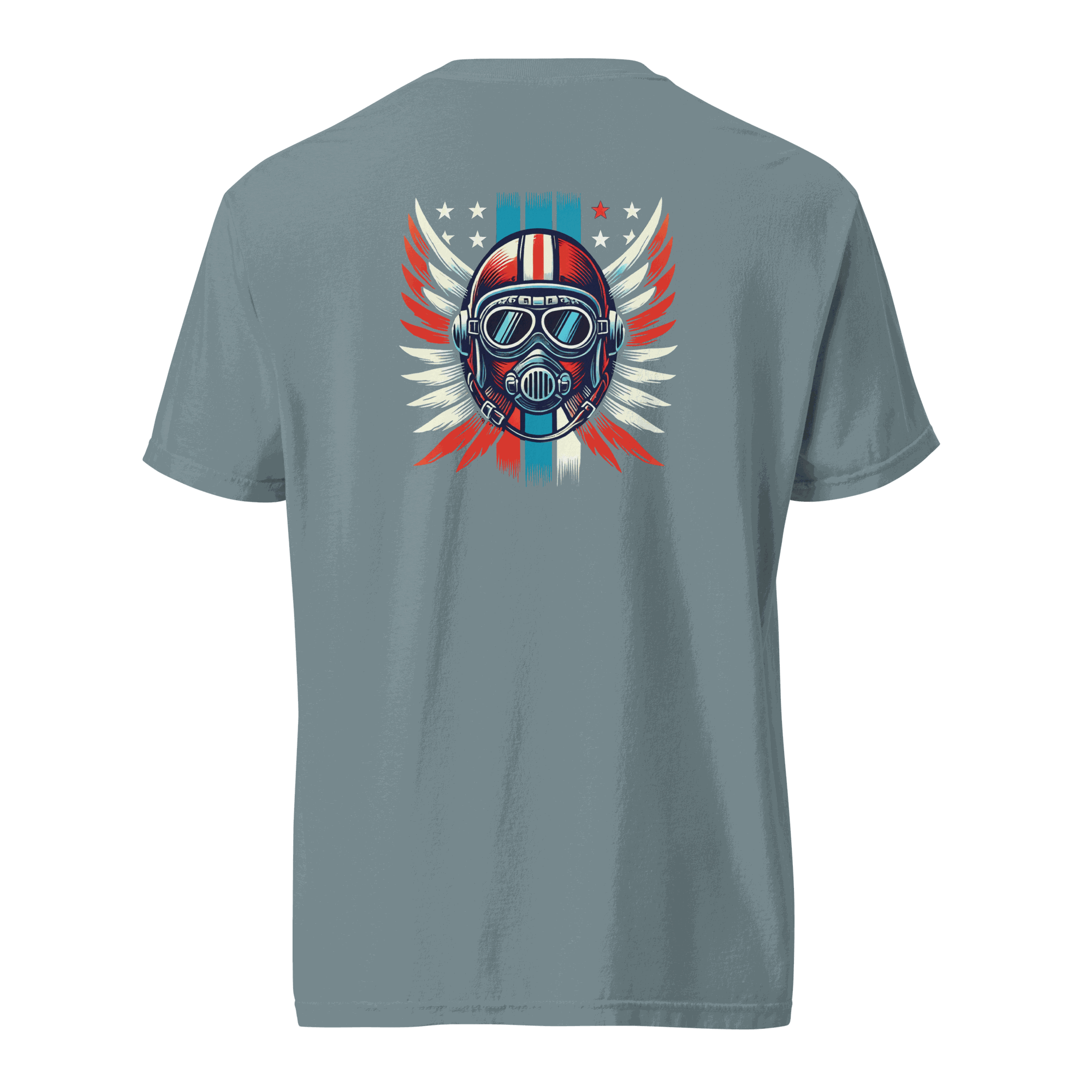 Grey heavyweight t-shirt featuring a red white blue helmet graphic with wings and stars on the back