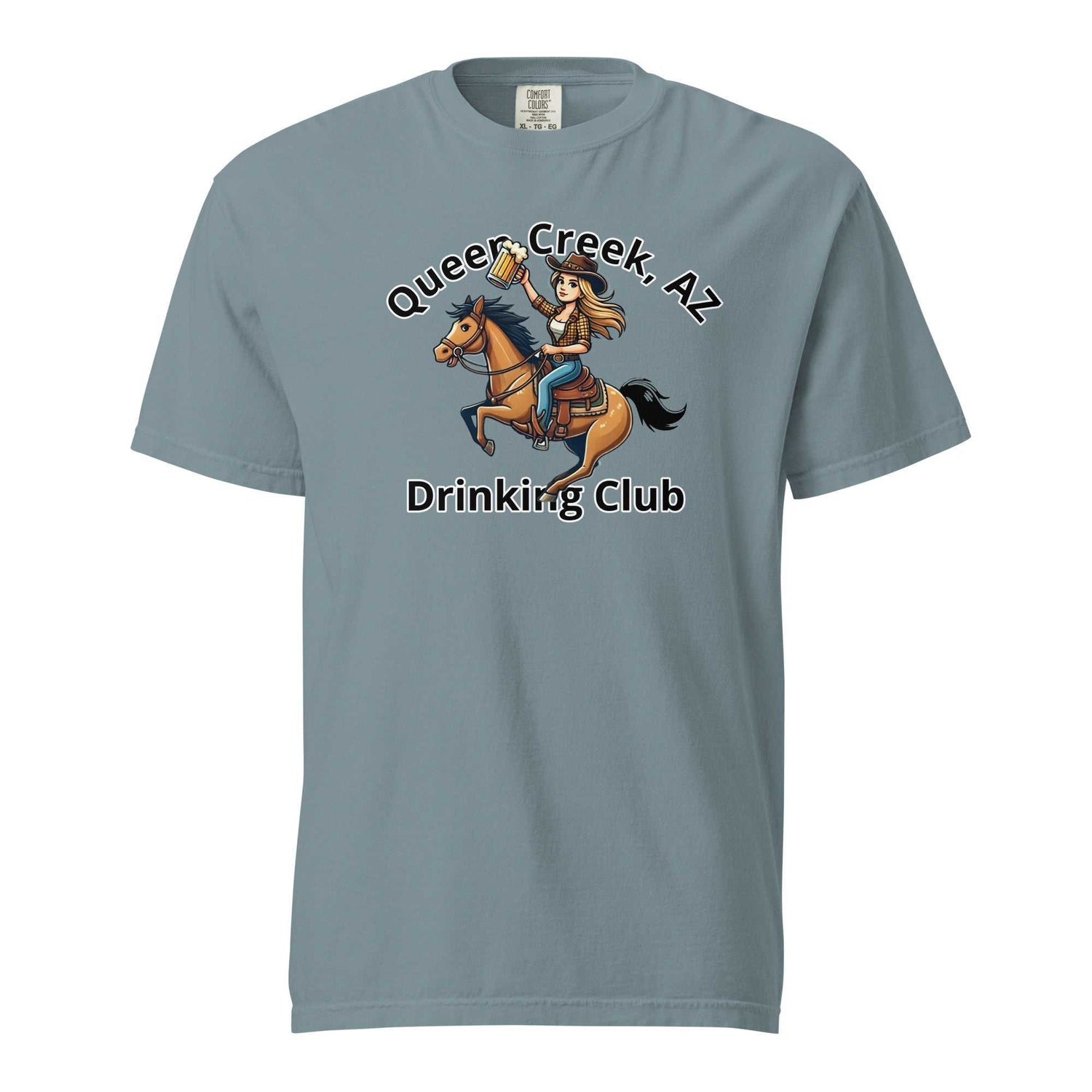 Queen Creek AZ Cowgirl Drinking Club unisex heavyweight cotton t-shirt with horse and rider graphic