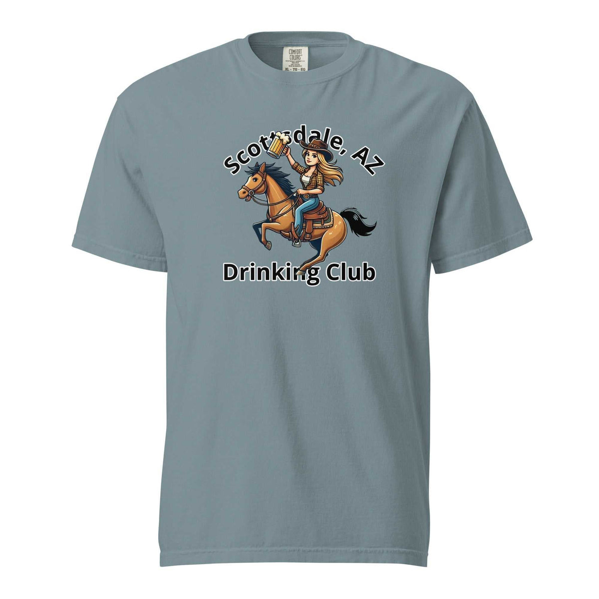 Unisex heavyweight Scottsdale Cowgirl Horse Beer t-shirt in 100% ring-spun cotton with relaxed fit and durable stitching.