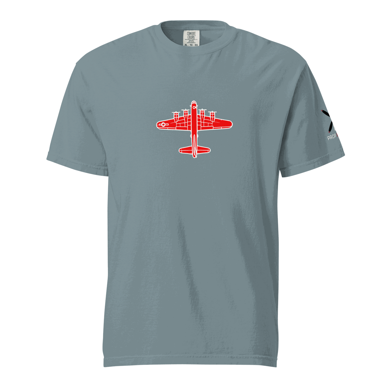 WW2 T-shirt Unisex thick structured tee with red bomber plane graphic, made of 100% ring-spun cotton, relaxed fit, garment-dyed heavyweight fabric