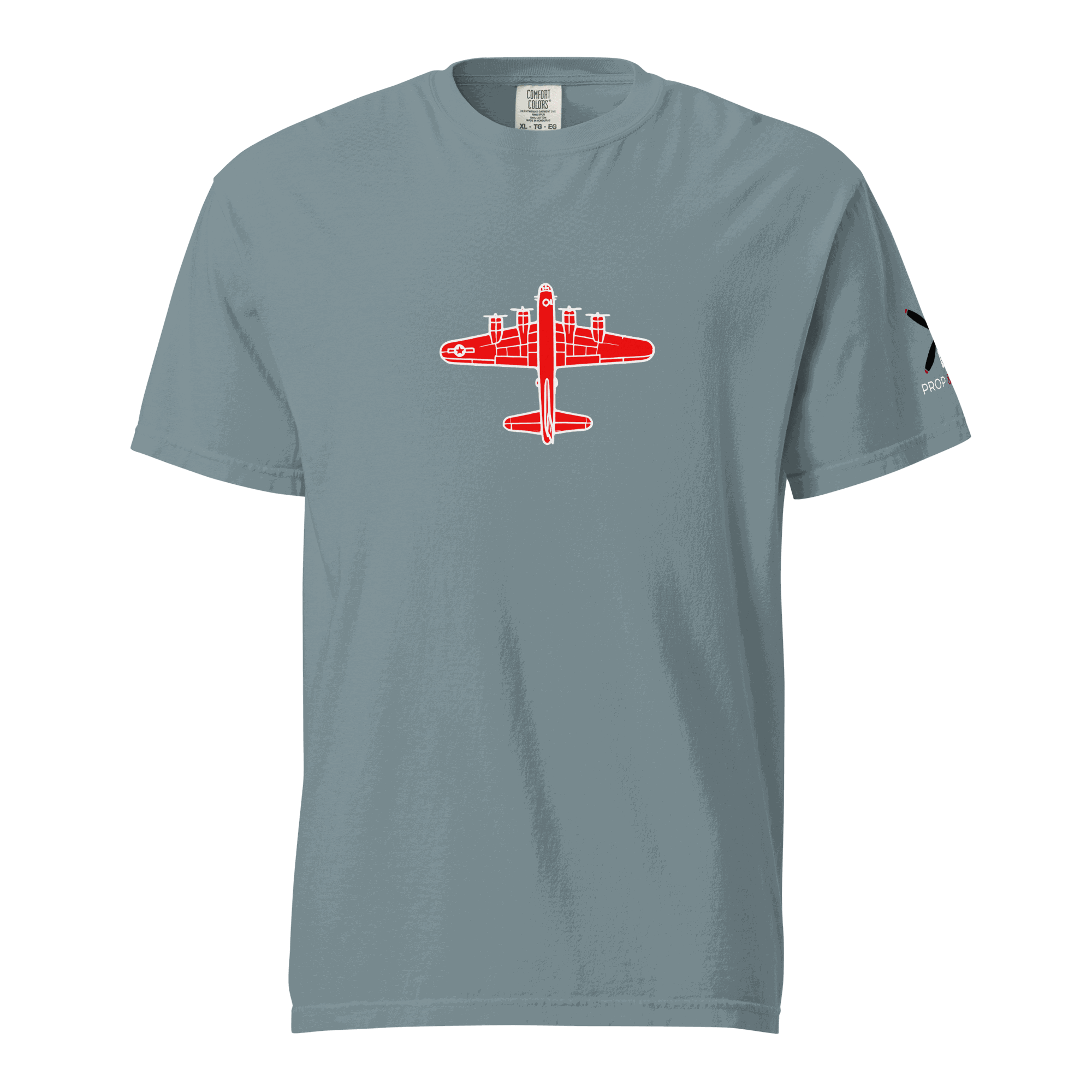 WW2 T-shirt Unisex thick structured tee with red bomber plane graphic, made of 100% ring-spun cotton, relaxed fit, garment-dyed heavyweight fabric
