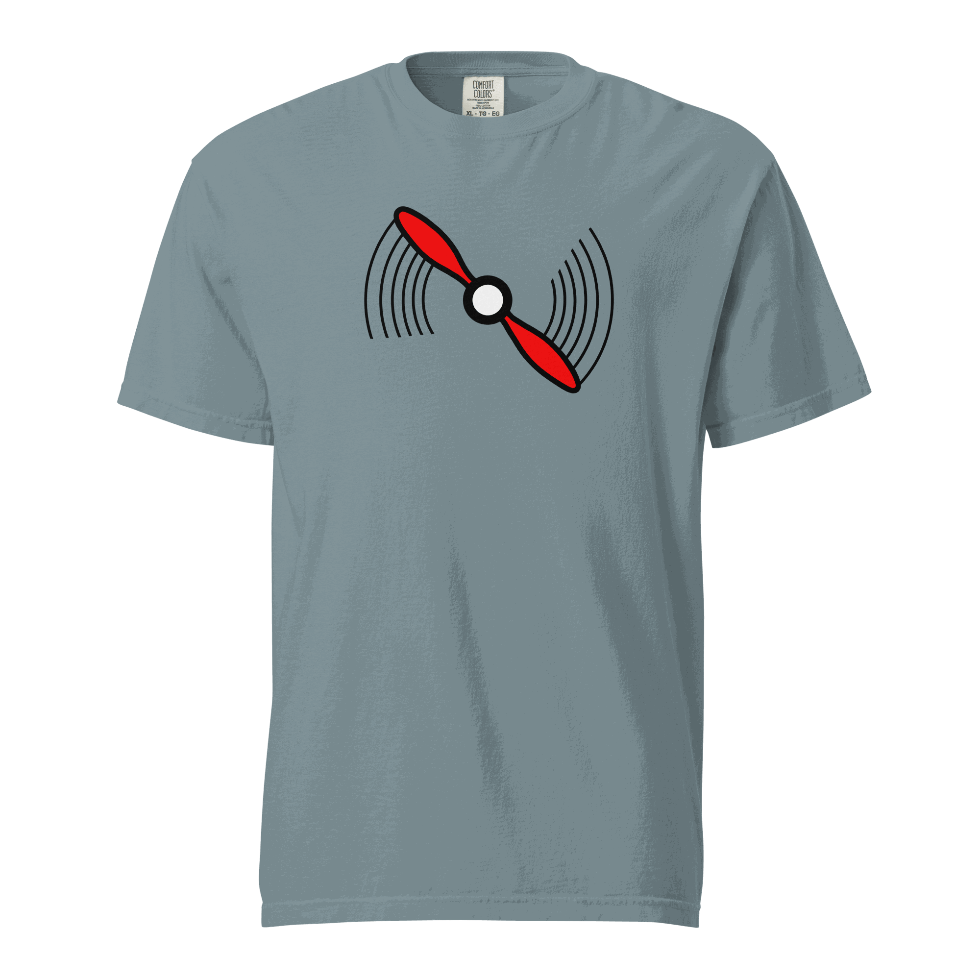Grey Propeller T-Shirt with red propeller graphic on front, made from 100% cotton for aviation fans