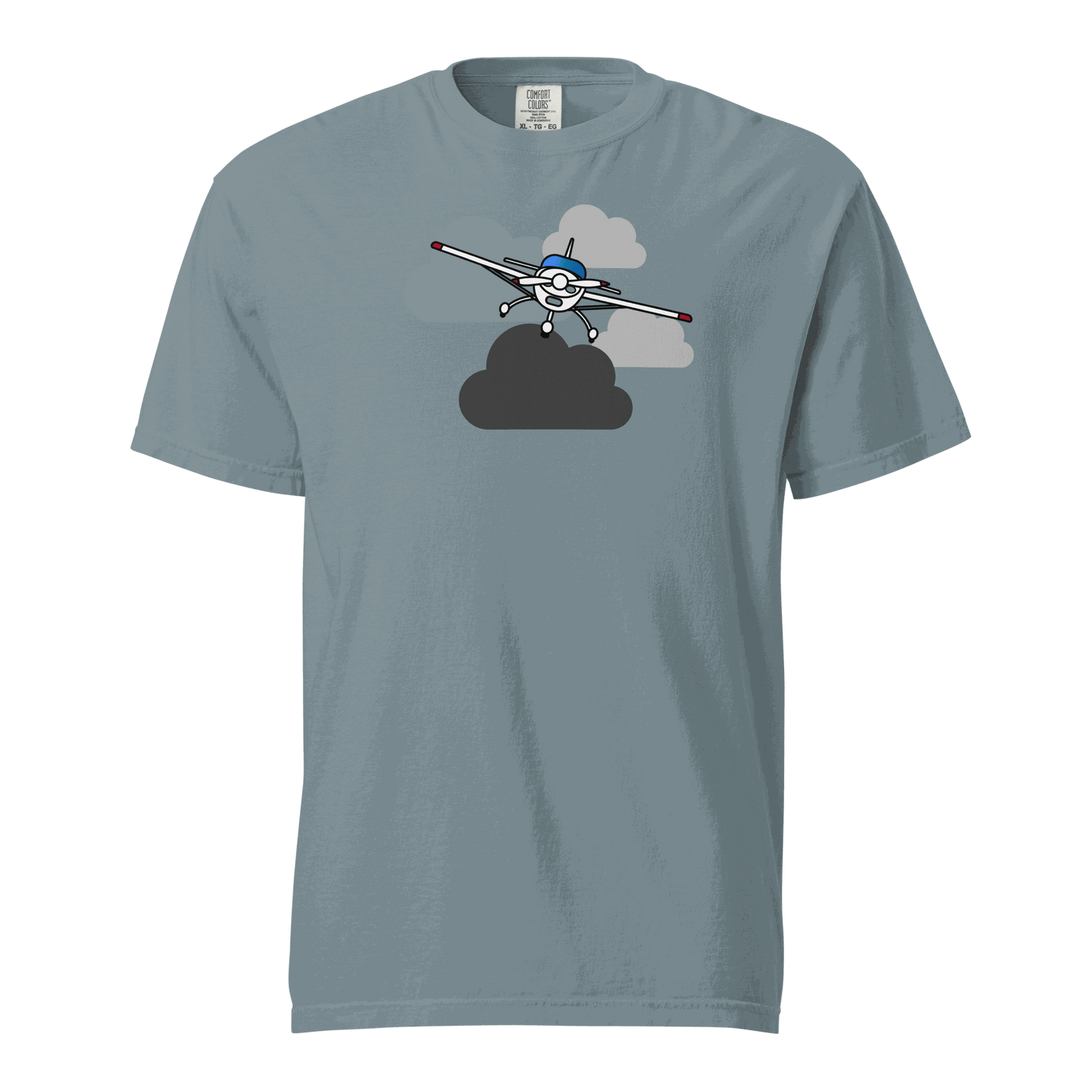 Vintage airplane t-shirt featuring a prop plane flying through clouds on a soft, heavyweight unisex cotton tee