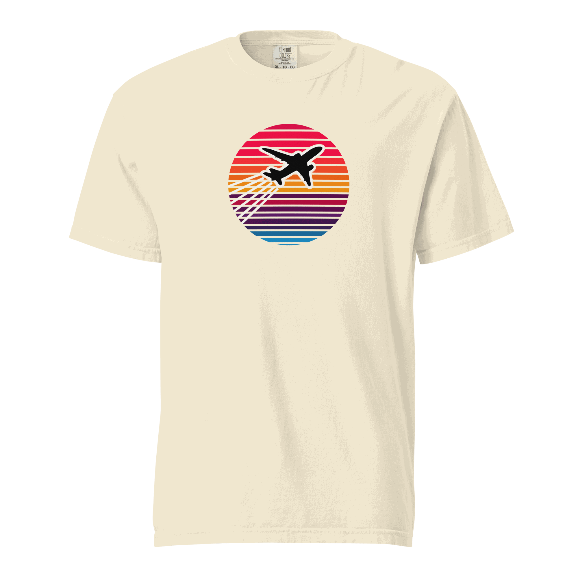 Unisex heavyweight cream t-shirt with colorful sunset flight airplane graphic, 100% ring-spun cotton, relaxed fit.