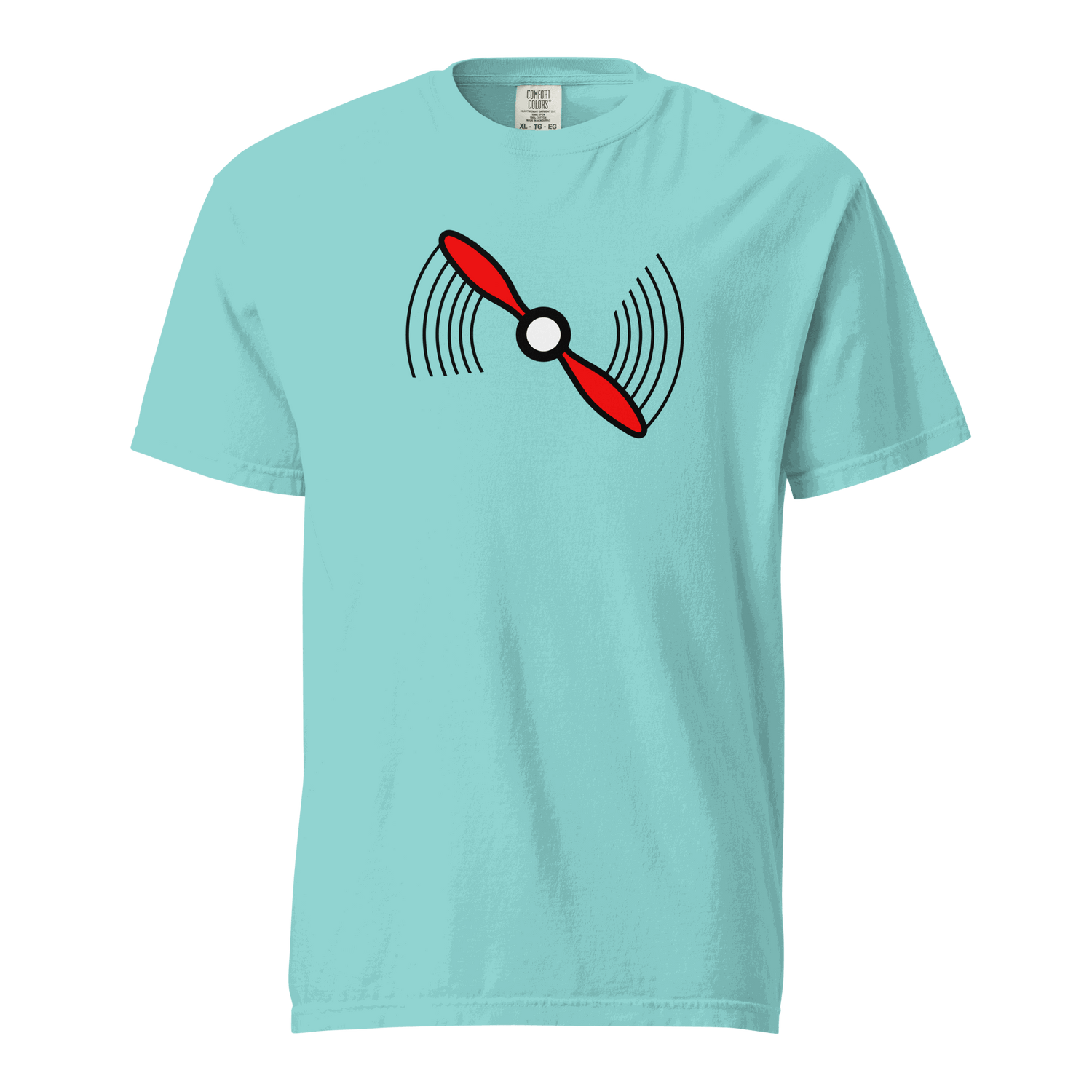 Light blue Propeller T-Shirt unisex heavyweight cotton t-shirt with red propeller graphic on front