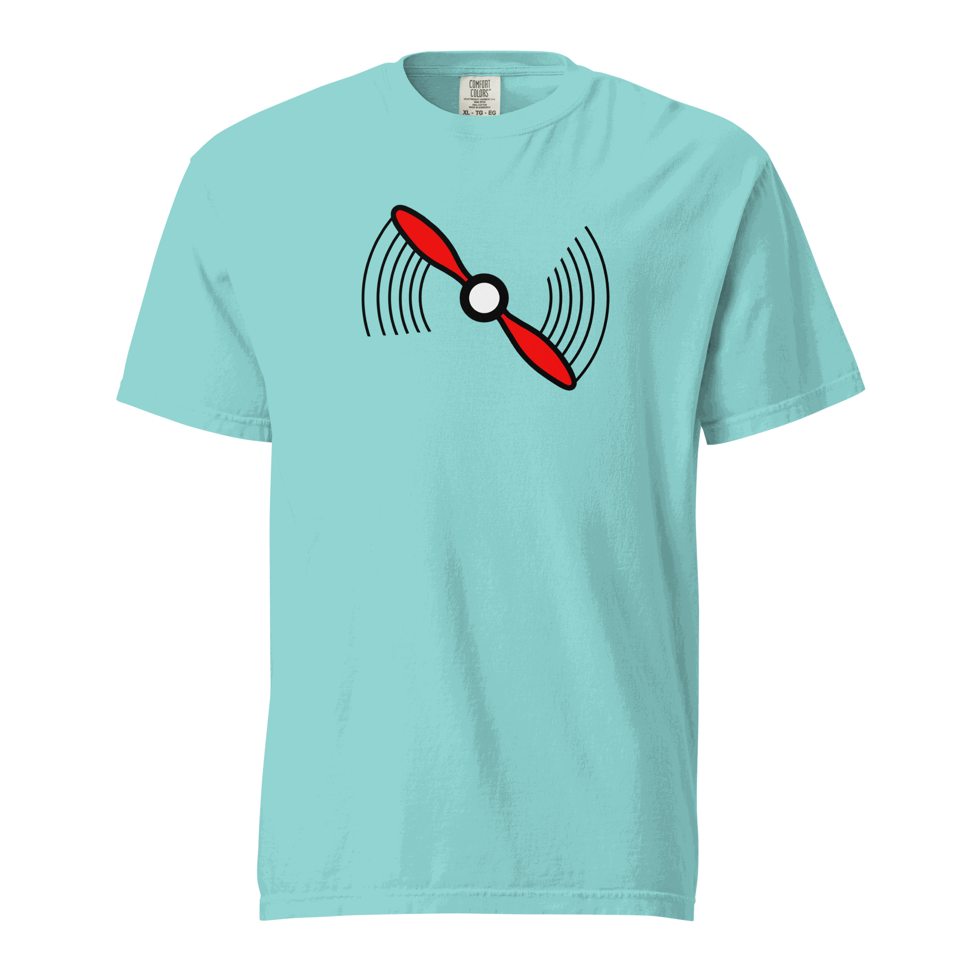 Light blue Propeller T-Shirt with red airplane propeller graphic, soft cotton, relaxed fit.