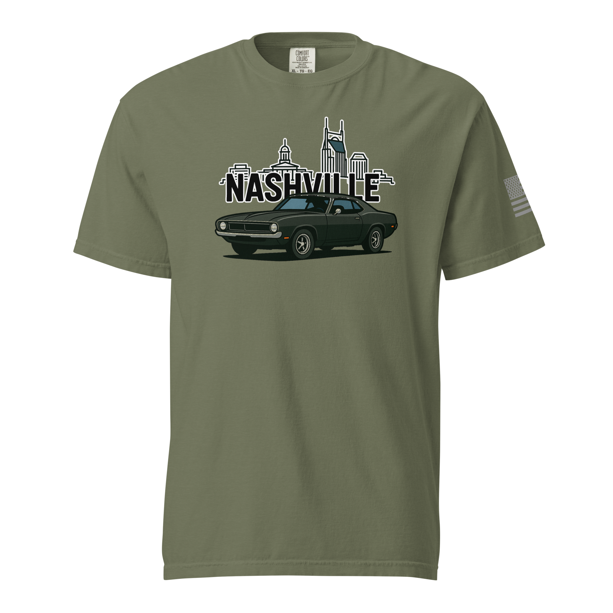 Nashville classic car t-shirt featuring a vintage car design and city skyline in olive green color.