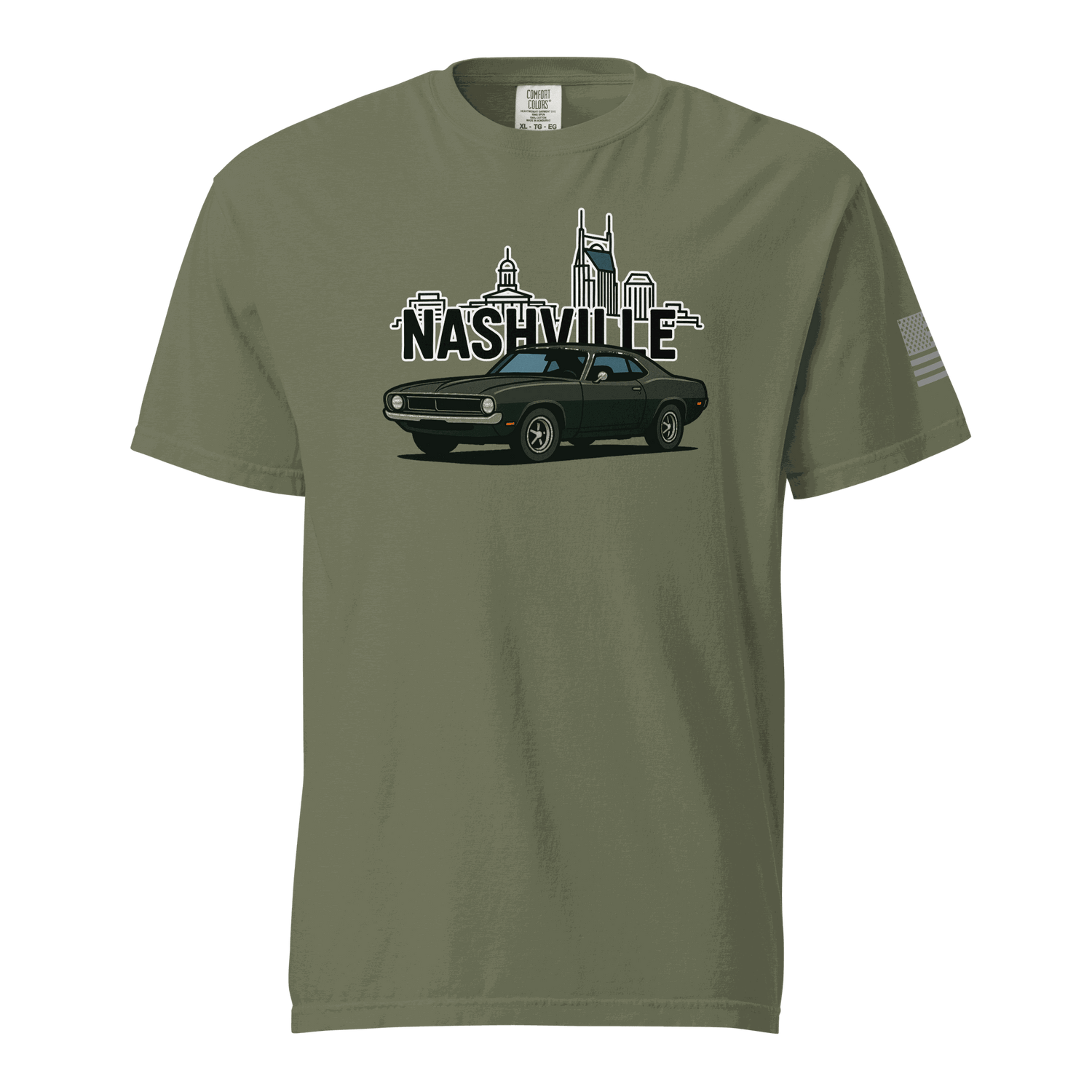 Nashville classic car t-shirt featuring a vintage car design and city skyline in olive green color.