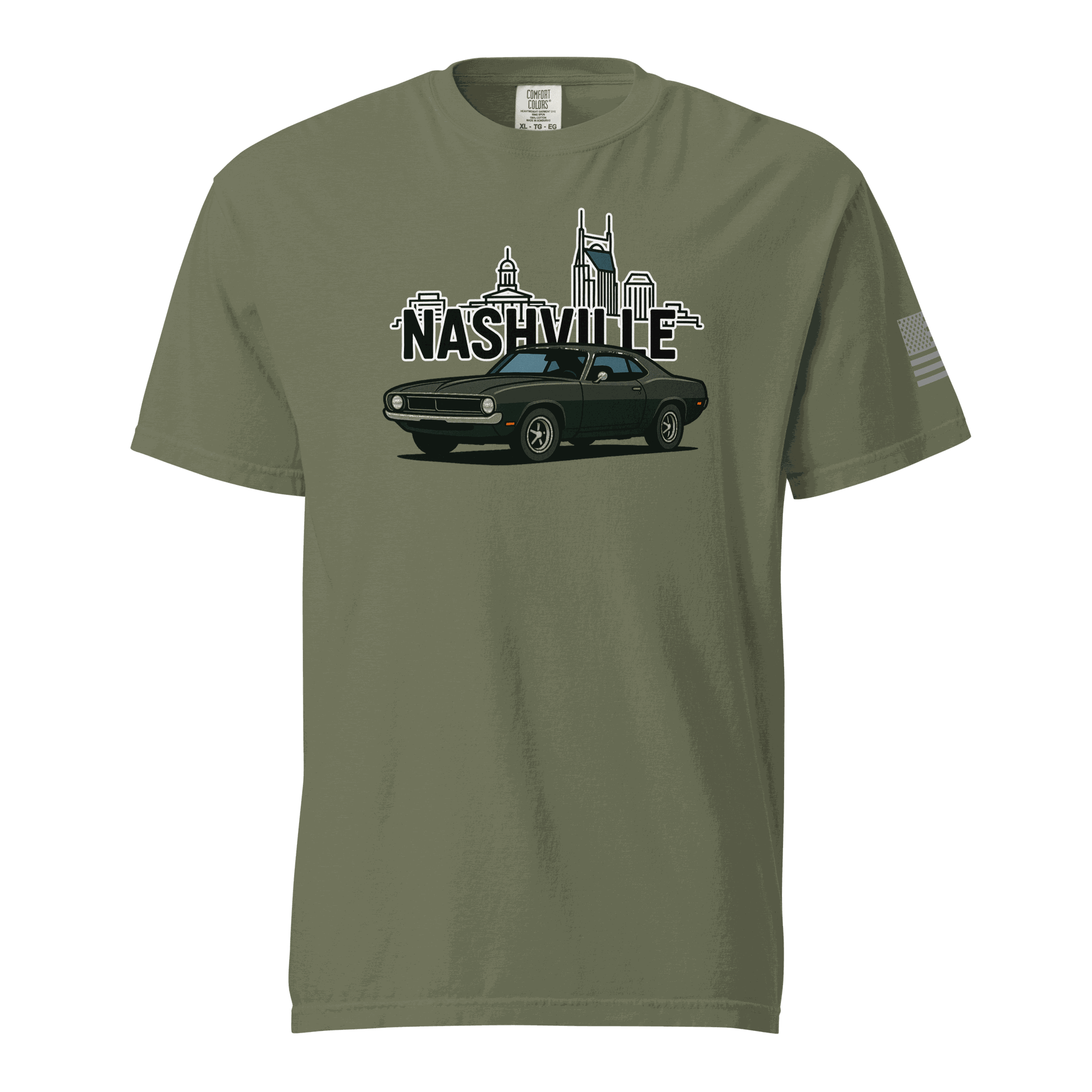 Nashville classic car t-shirt featuring a vintage car design and city skyline in olive green color.