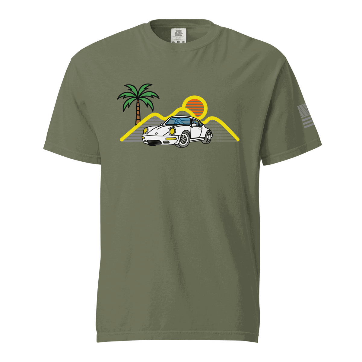 Retro sport car t-shirt with sunset and palm tree design for car lovers and gearheads