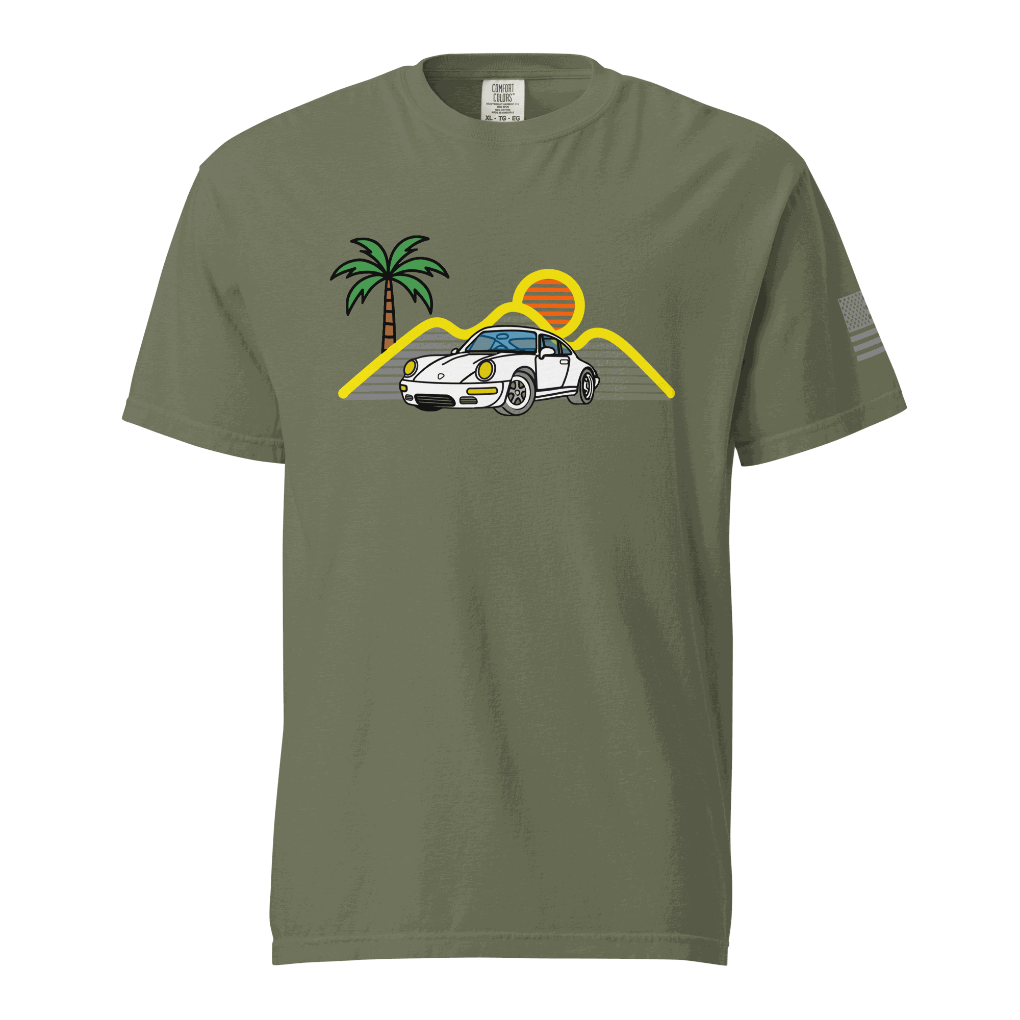 Retro sport car t-shirt with sunset and palm tree design for car lovers and gearheads