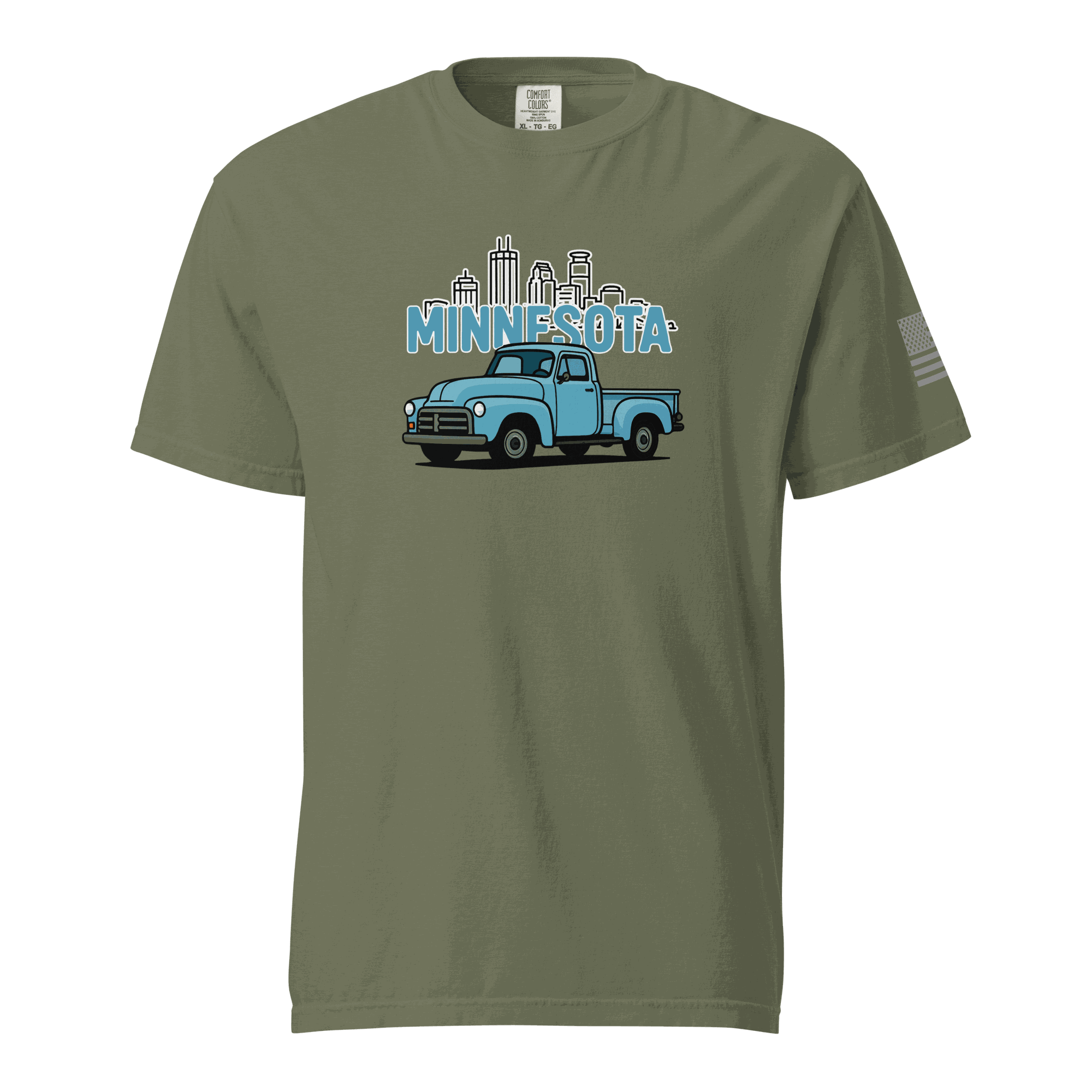 Minnesota classic truck vintage blue truck graphic t-shirt on olive cotton tee