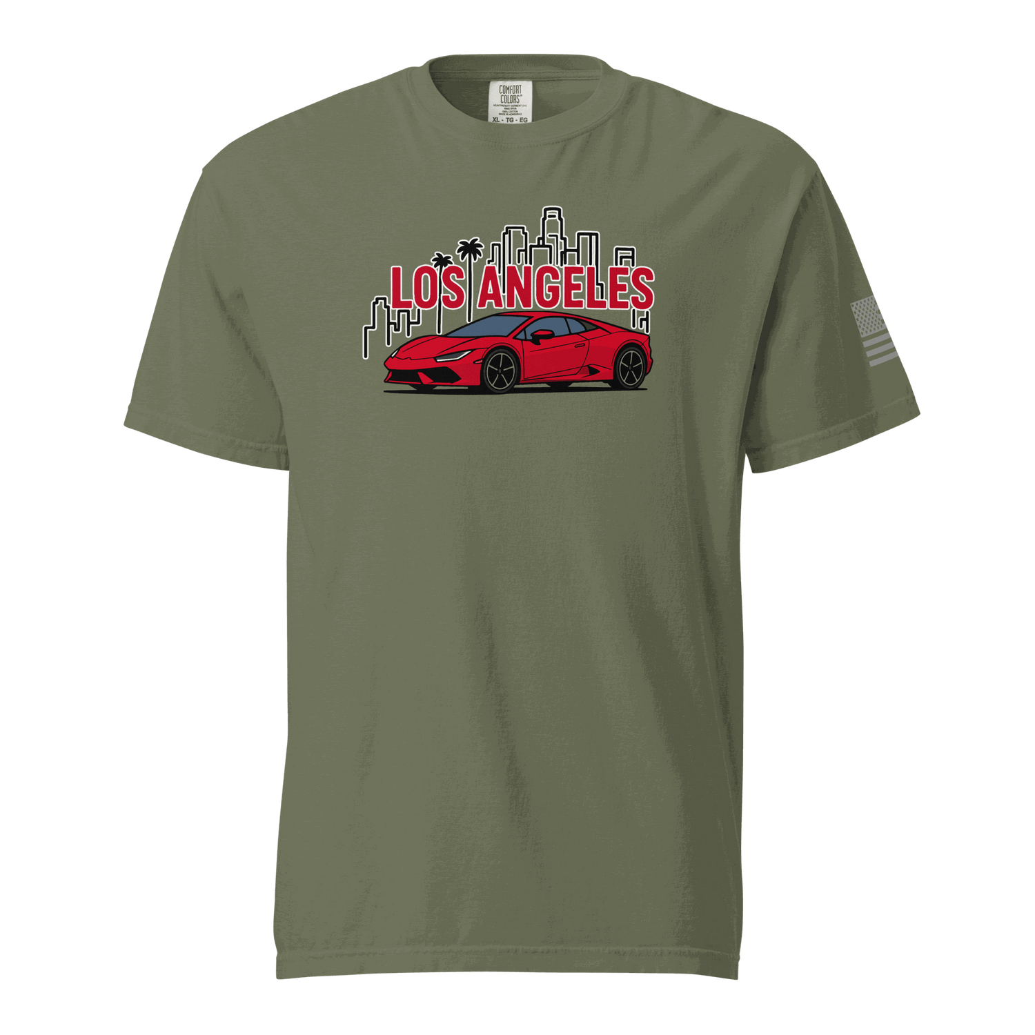 Olive green Los Angeles Tee with red supercar and city skyline graphic