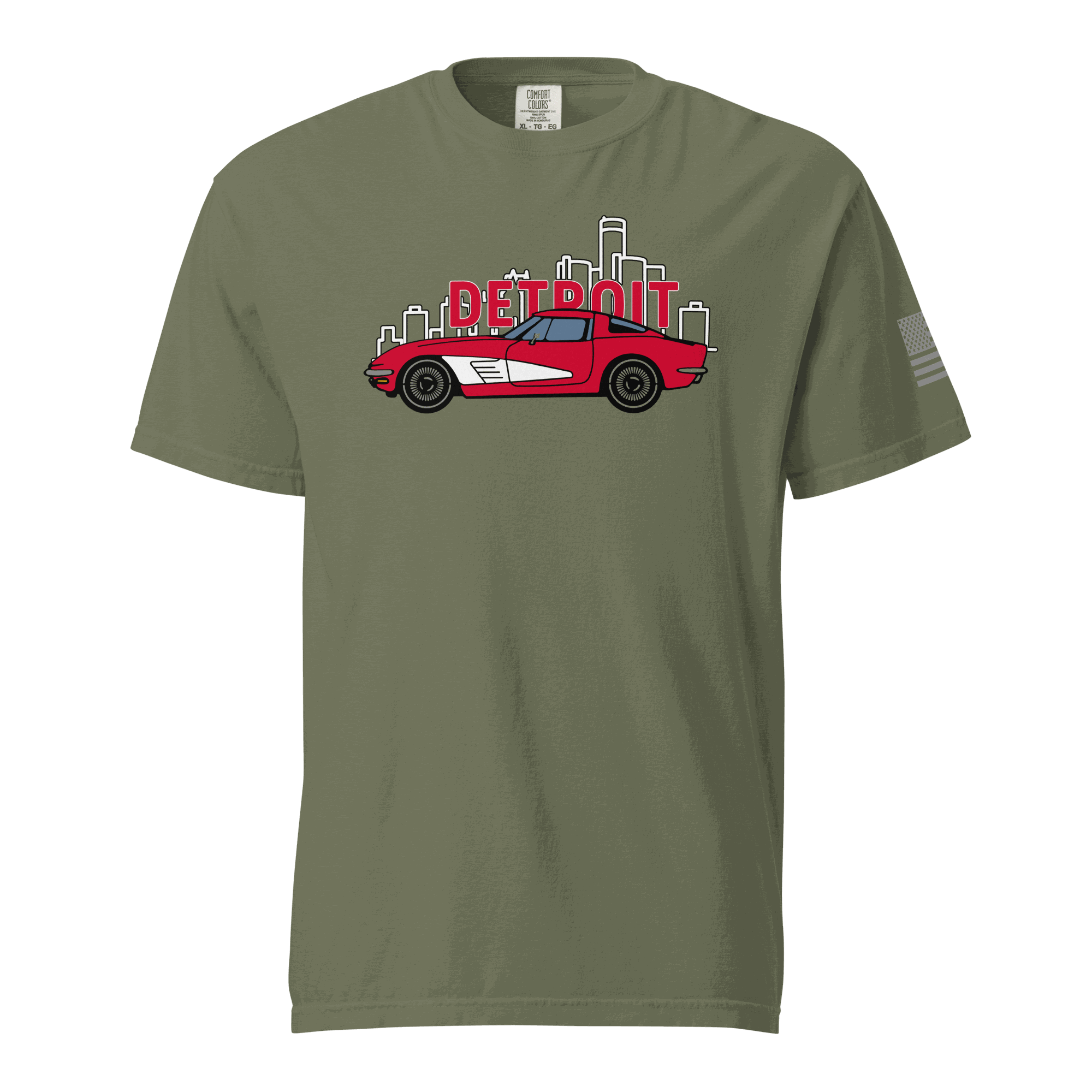 Olive Detroit Corvette T-shirt with red classic sports car and Detroit skyline graphic