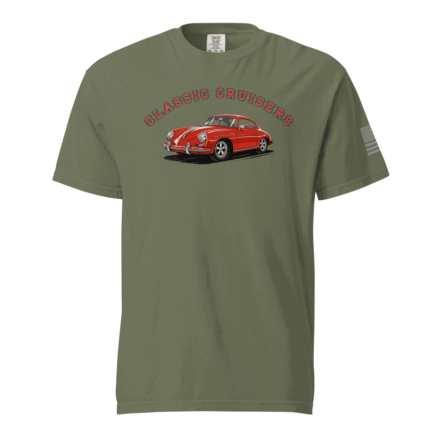 Olive green Varsity Sports Car t-shirt with red vintage car and "Classic Cruisers" text, soft heavyweight cotton tee