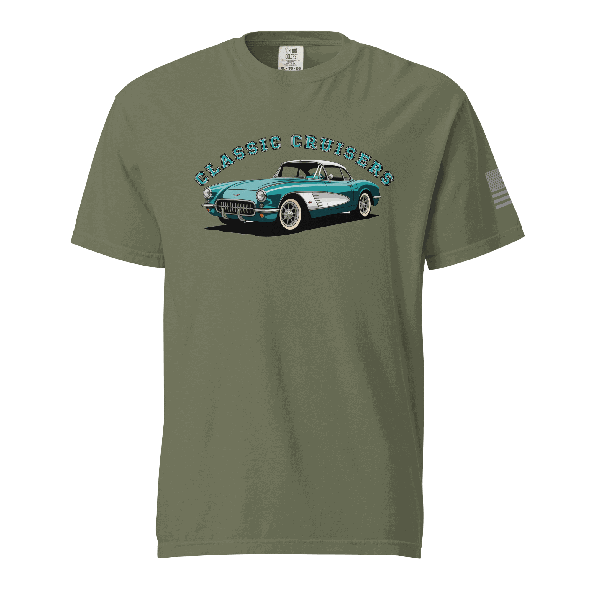 Classic T-Shirt in olive green with Classic Cruisers vintage car design, soft cotton, unisex fit, durable fabric