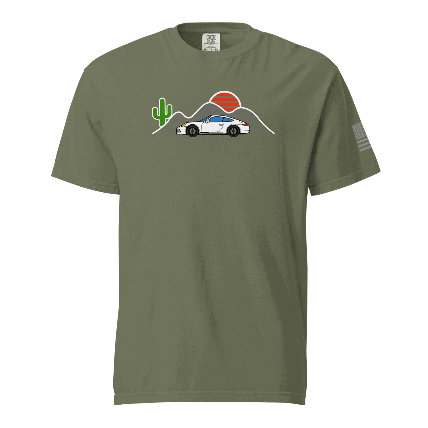 Olive Sunset Sports Car T-Shirt with white sports car, cactus, mountain, and red sun graphic design