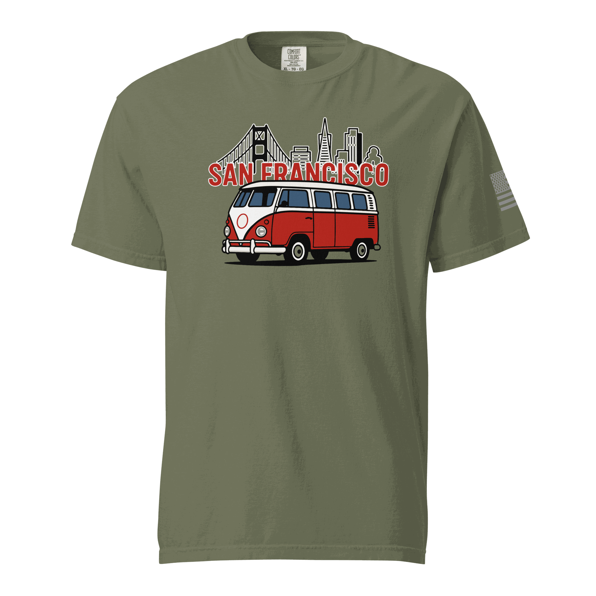 Vintage San Francisco Classic Cruiser San Francisco T-Shirt featuring a vintage style VW bus and iconic San Francisco skyline.