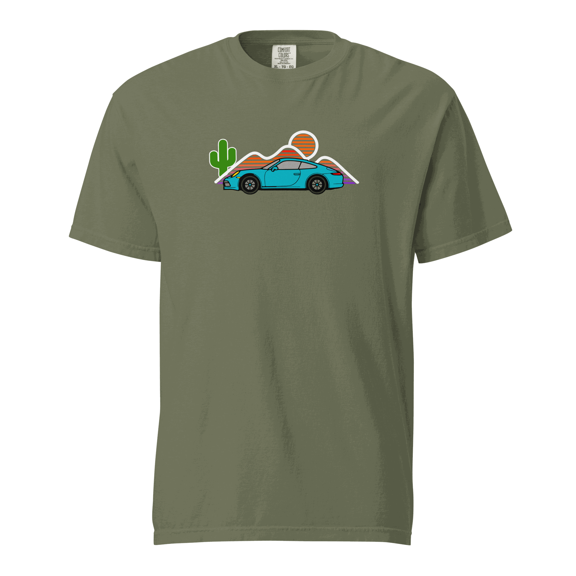 Sports car sunset graphic on vintage-style t-shirt
