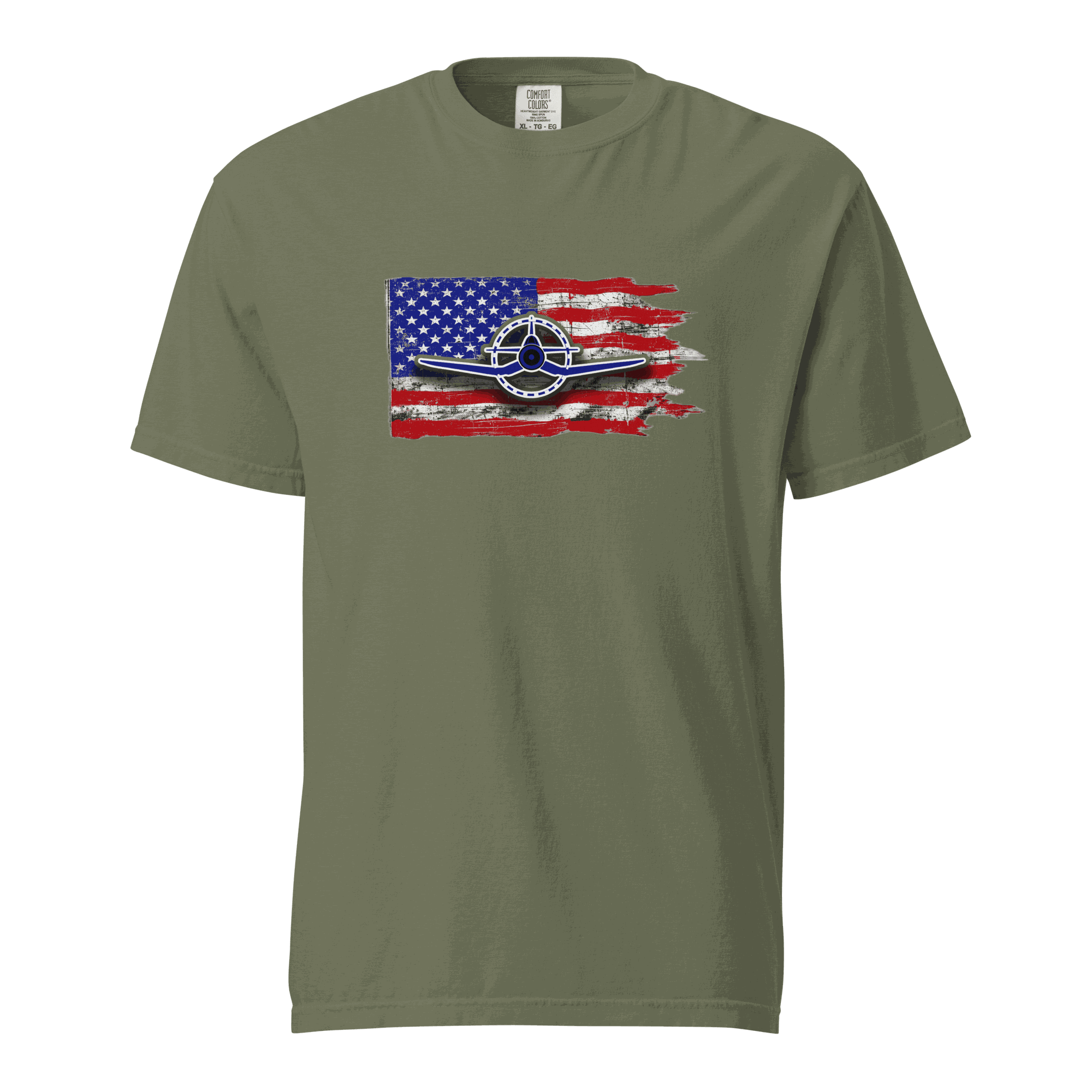 F4U Corsair heavyweight tee featuring an American flag design and a Corsair silhouette, perfect for aviation enthusiasts.