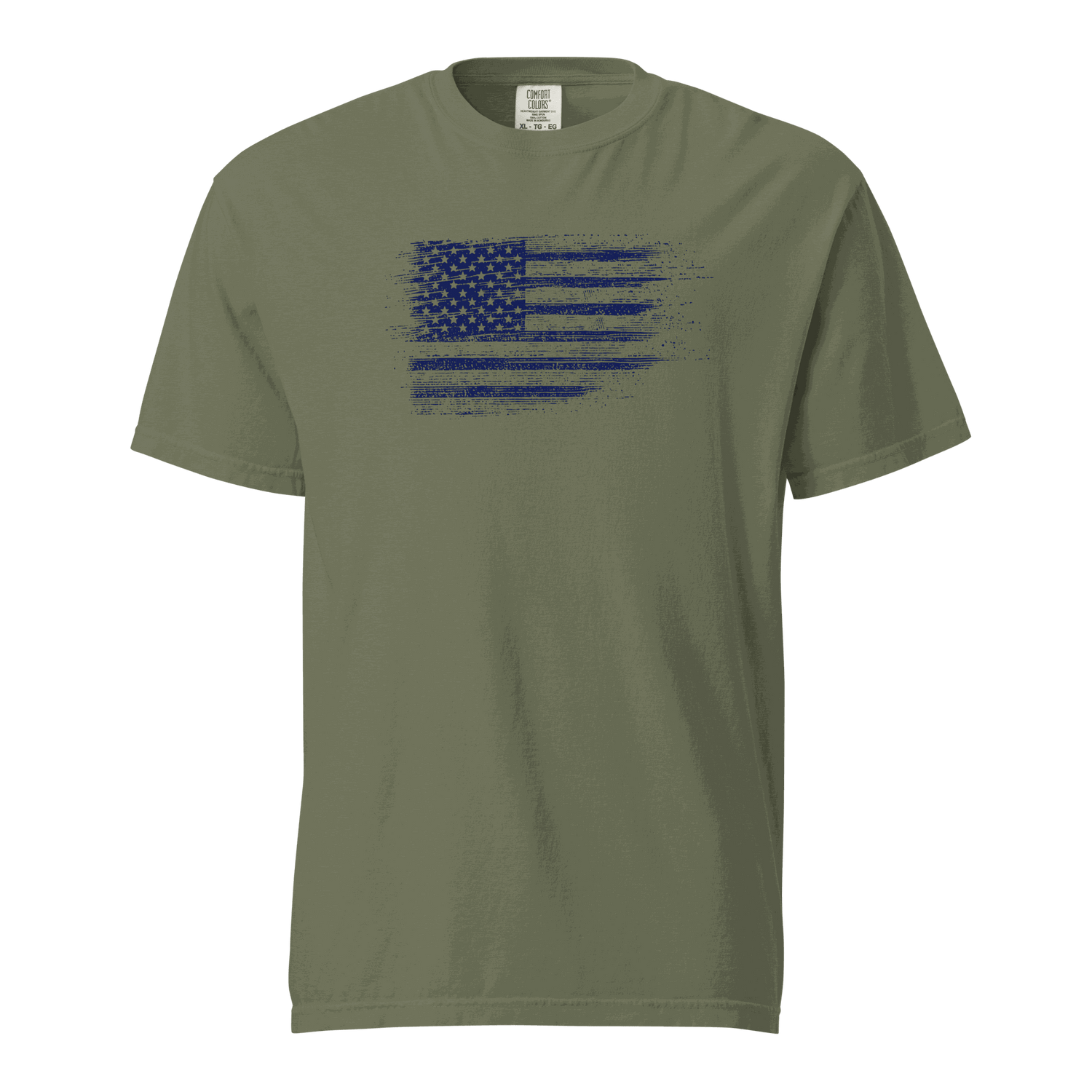 Unisex heavyweight olive green t-shirt with distressed USA flag print, 100% ring-spun cotton, garment-dyed and breathable design