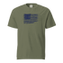 Unisex heavyweight olive green t-shirt with distressed USA flag print, 100% ring-spun cotton, garment-dyed and breathable design