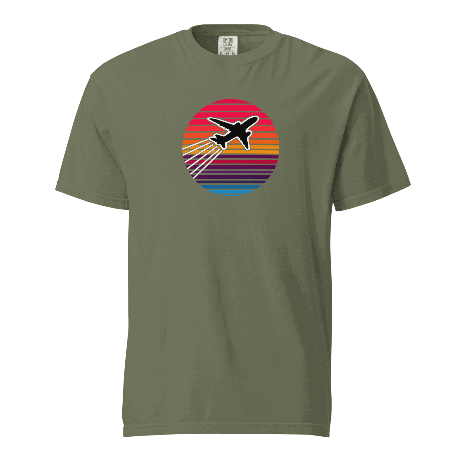 Sunset Flight unisex heavyweight t-shirt with airplane graphic and sunset colors on olive fabric