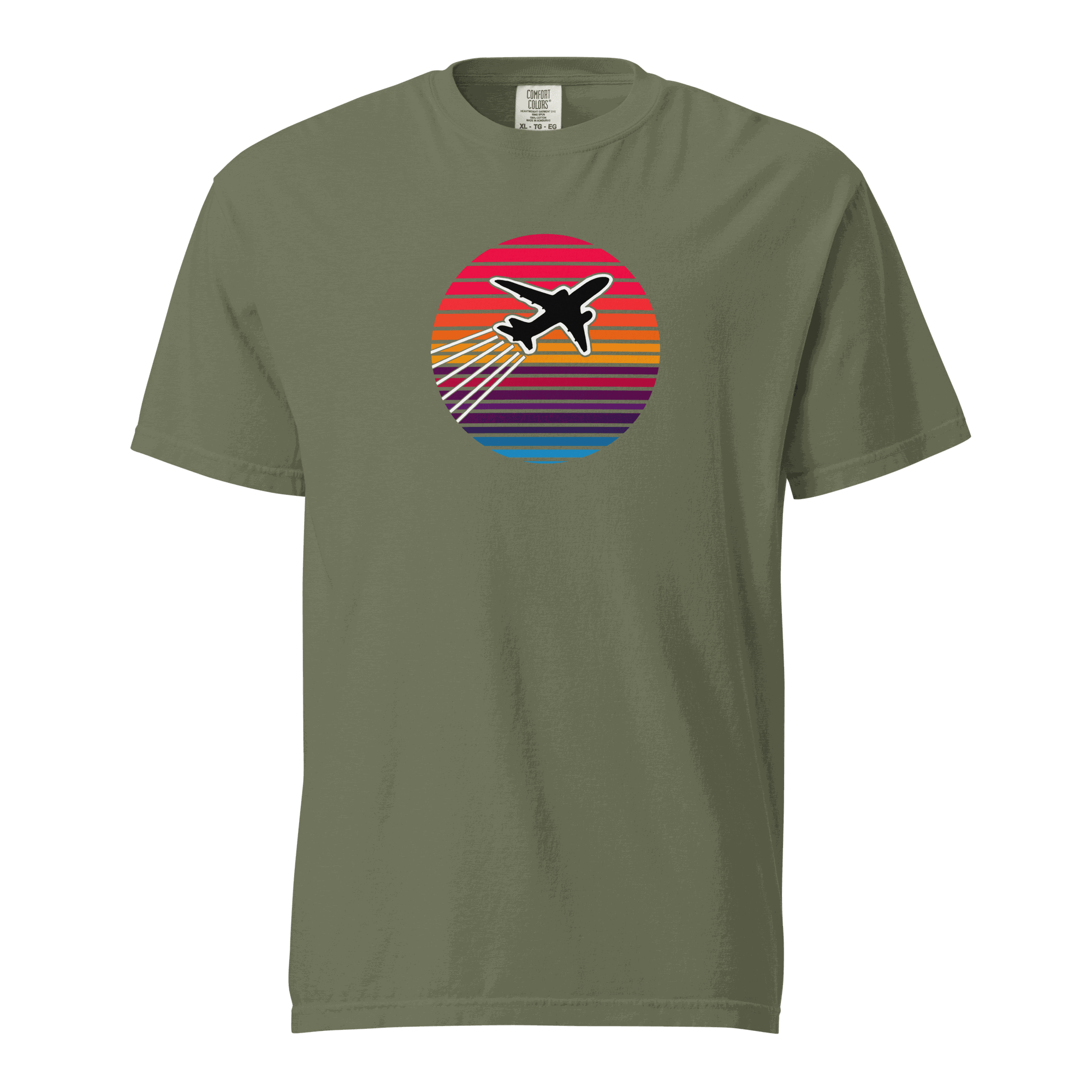 Sunset Flight unisex heavyweight t-shirt with airplane graphic and sunset colors on olive fabric