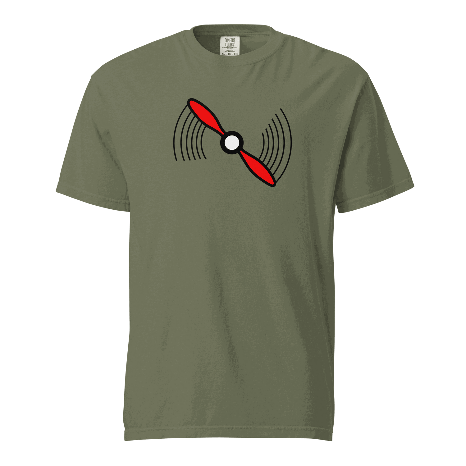 Unisex Propeller T-Shirt t-shirt in olive green with red propeller graphic, 100% ring-spun cotton, heavyweight, breathable, relaxed fit